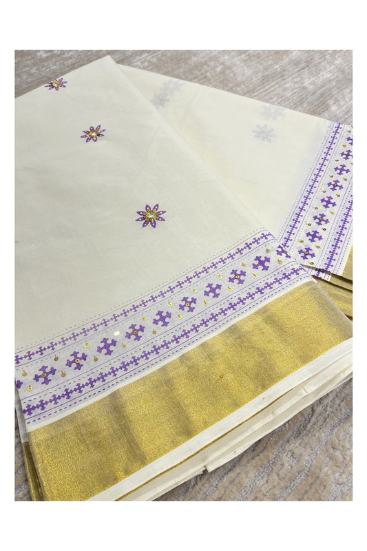 Southloom Violet Block Print Kasavu Saree with Sequins Work on Prints