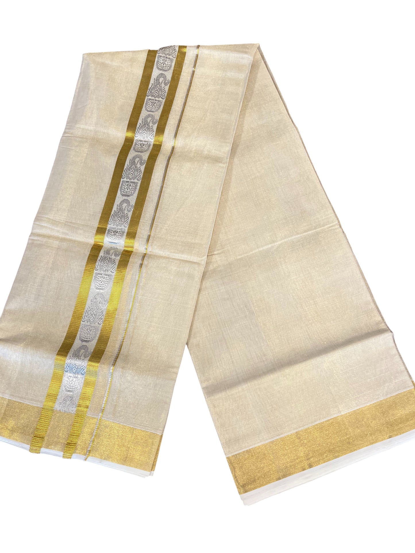 Southloom Premium Handloom Tissue Mundu with 2 inch Kasavu Border with Silver Woven Work