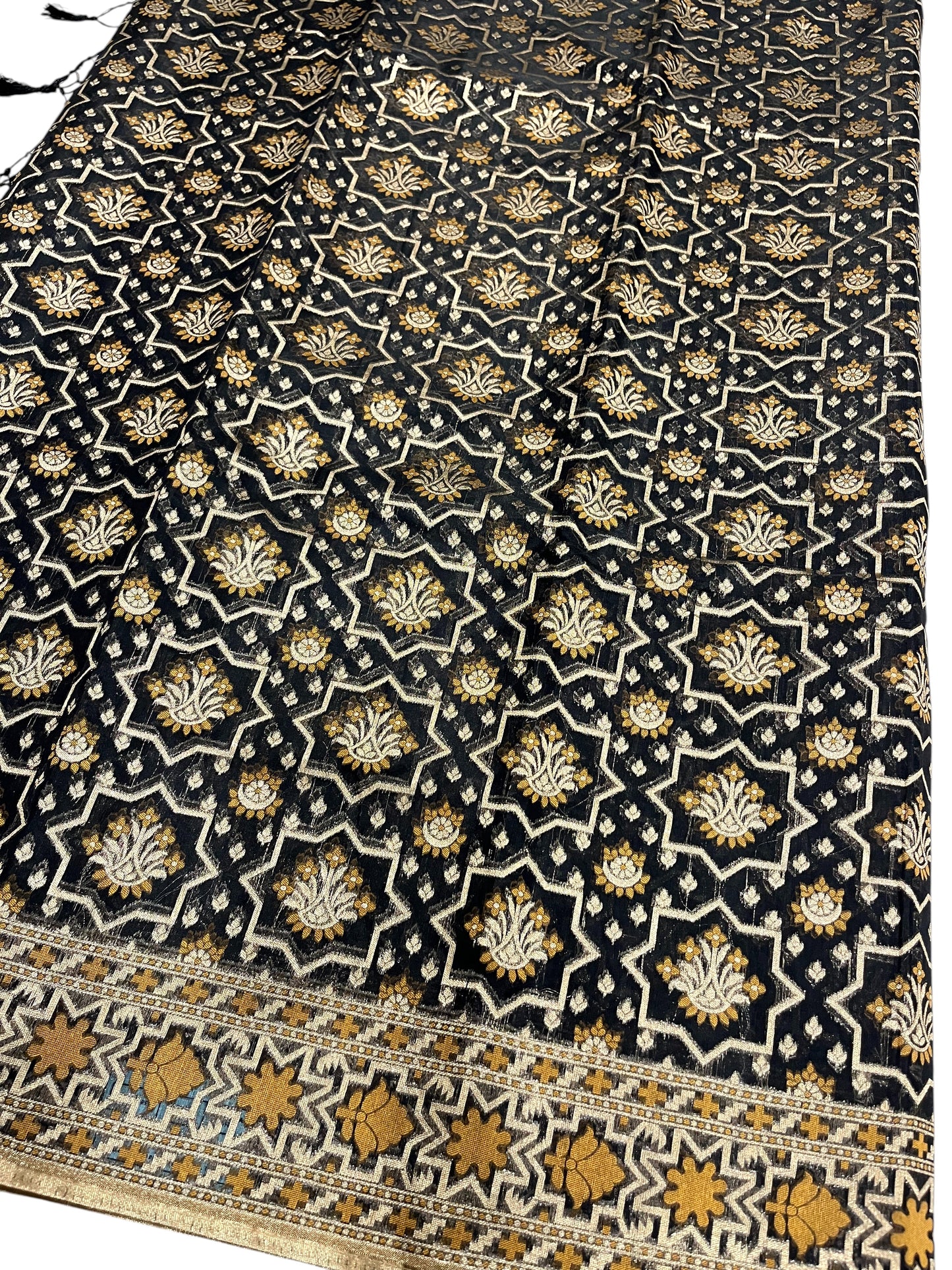 Southloom Cotton Banarasi Silk Saree with Woven Work on Body and Borders (Black & Yellow)