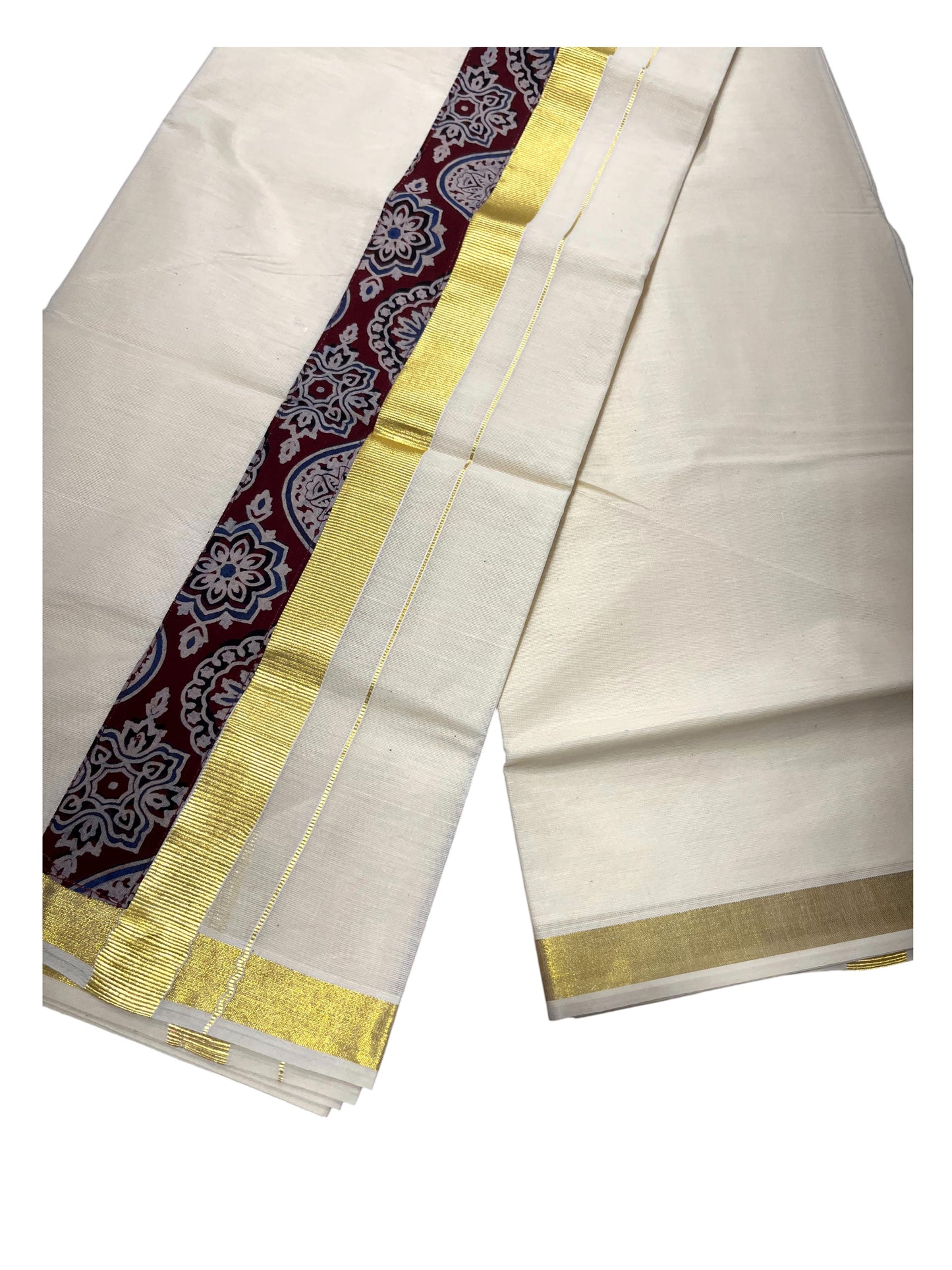 Southloom Pure Cotton Mundu with Kasavu And Blue Ajrakh Print (South Indian Kerala Dhoti)