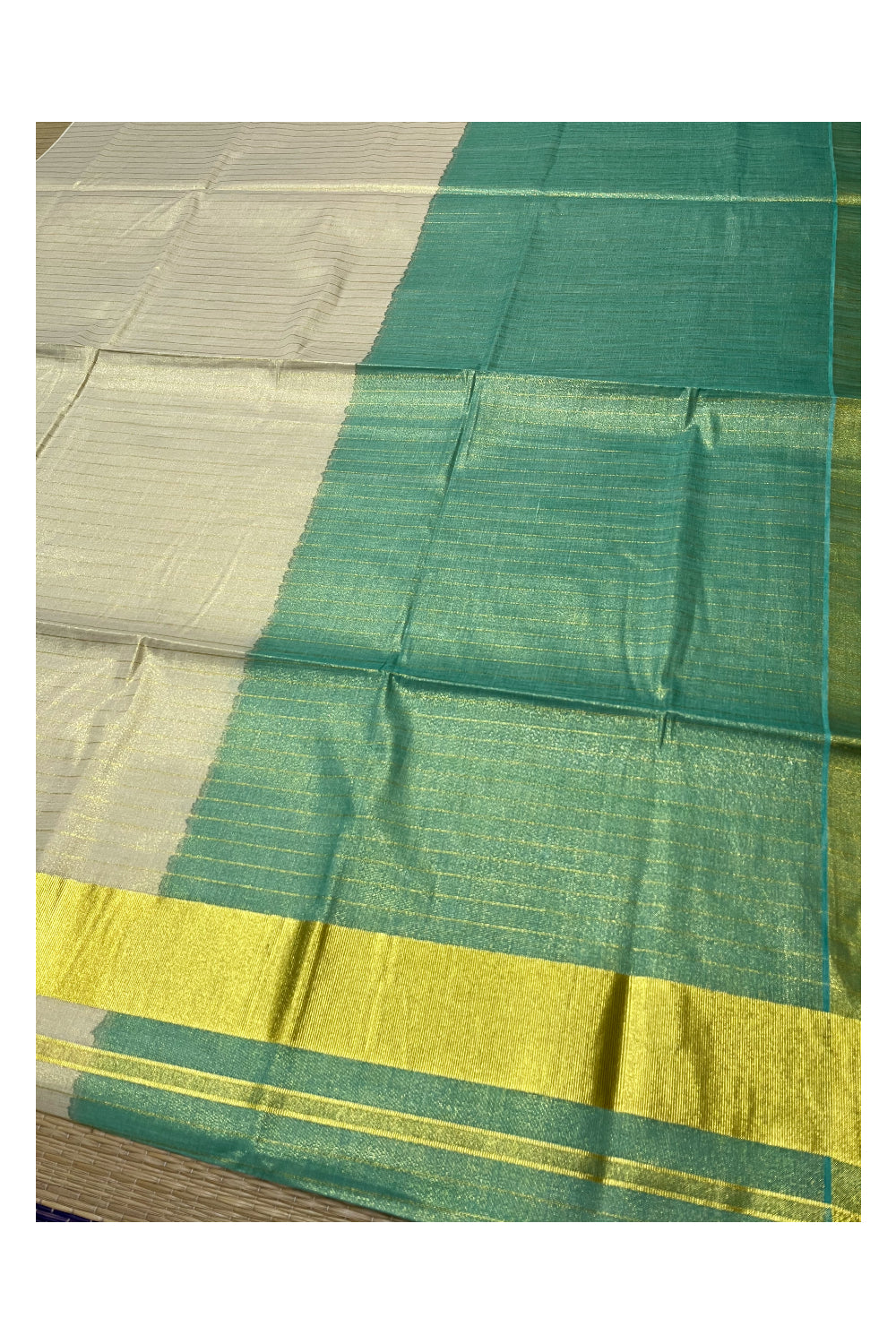 Southloom Tie & Dye - Half & Half Multi Colour Green Design Saree with Kasavu Lines Across Body