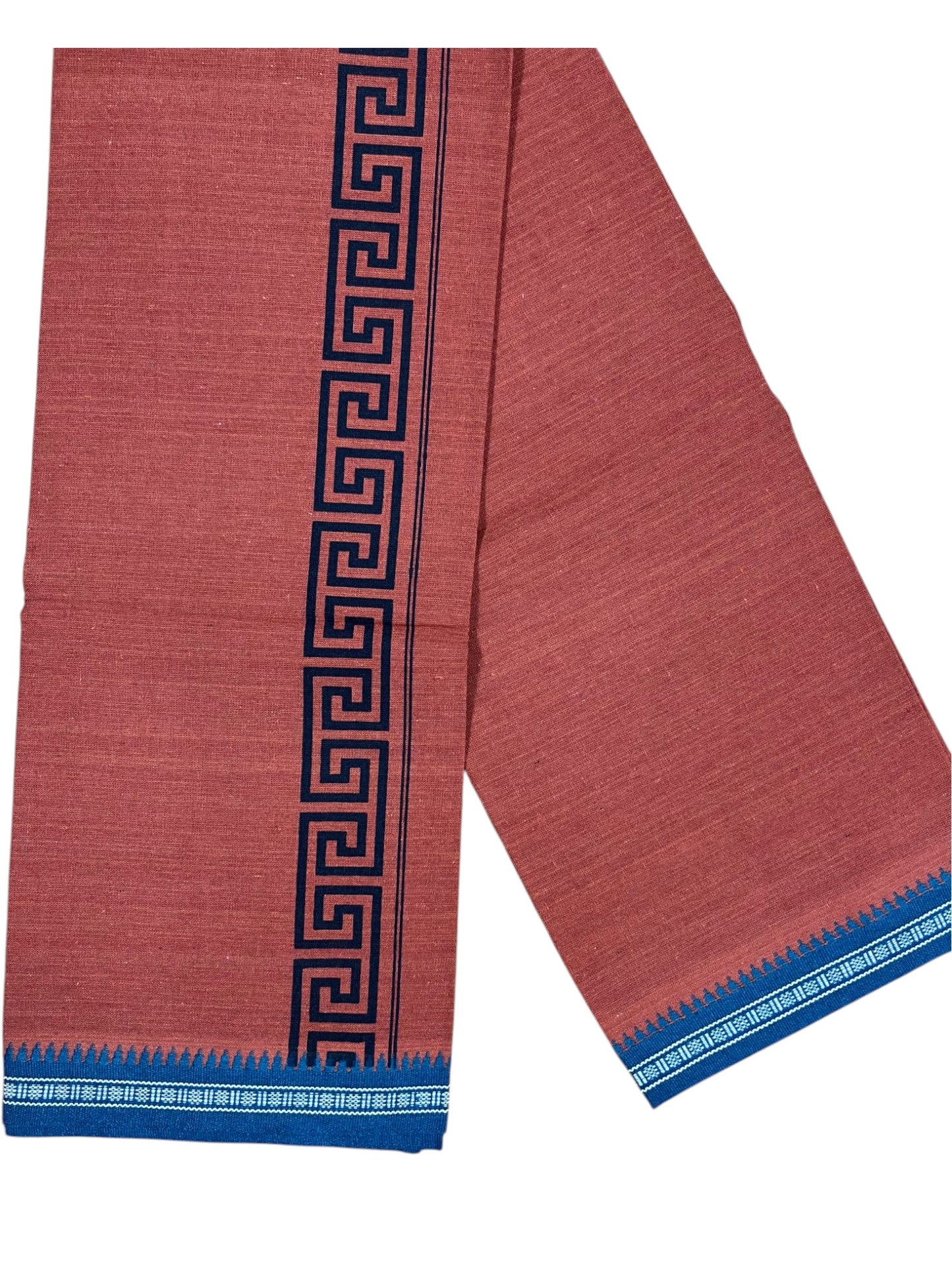 Southloom Saffron (Kaavi) Blue Printed Single Mundu / Lungi (South Indian Kerala Dhoti)