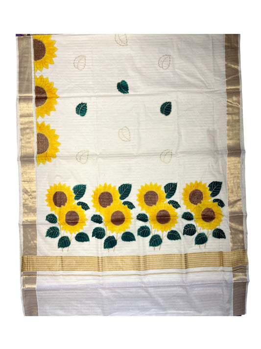 Southloom Kerala Cotton Kasavu Lines Saree with Embroidery Work in Yellow Floral Print