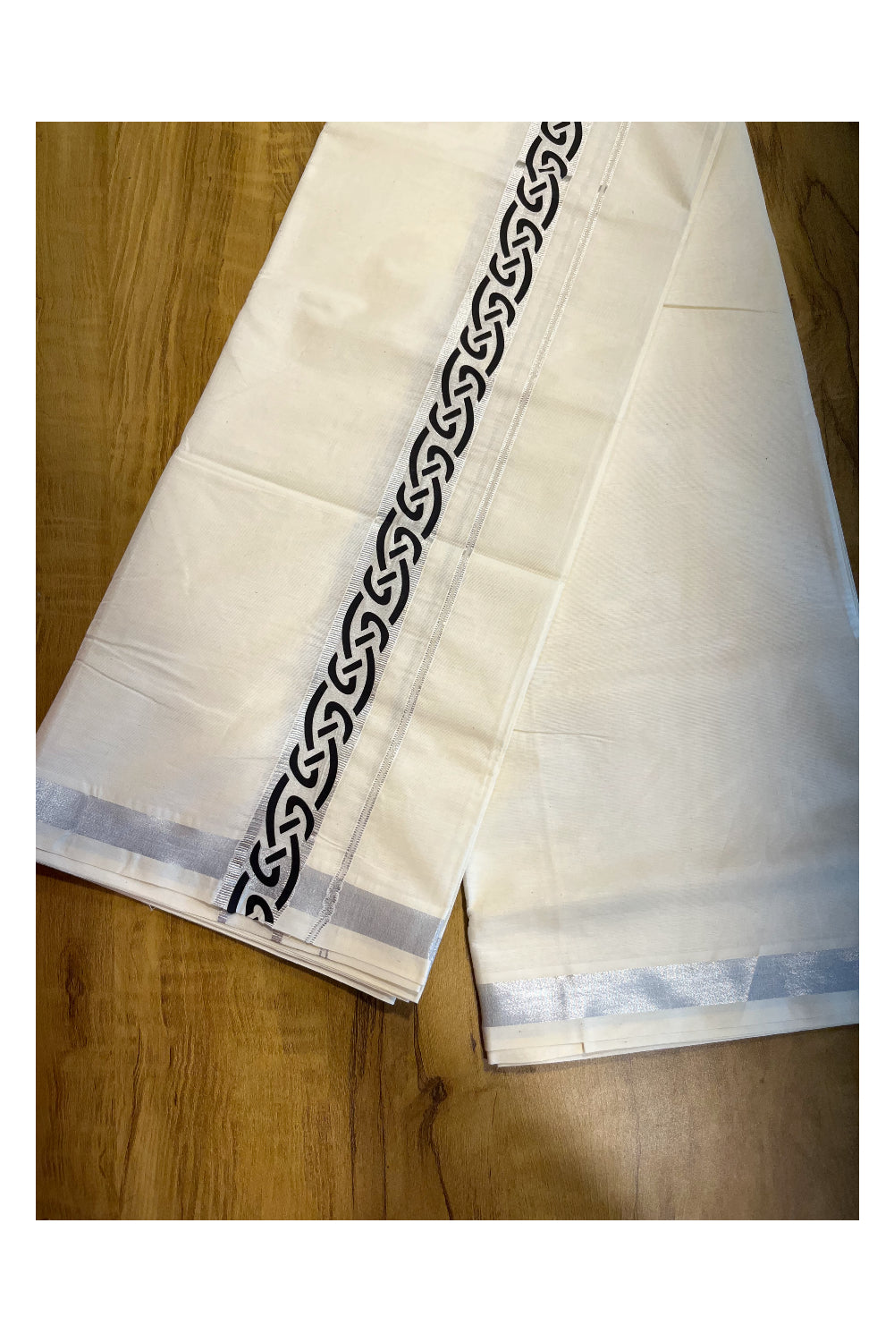 Southloom Pure Cotton Silver Kasavu Mundu with Trendy Print