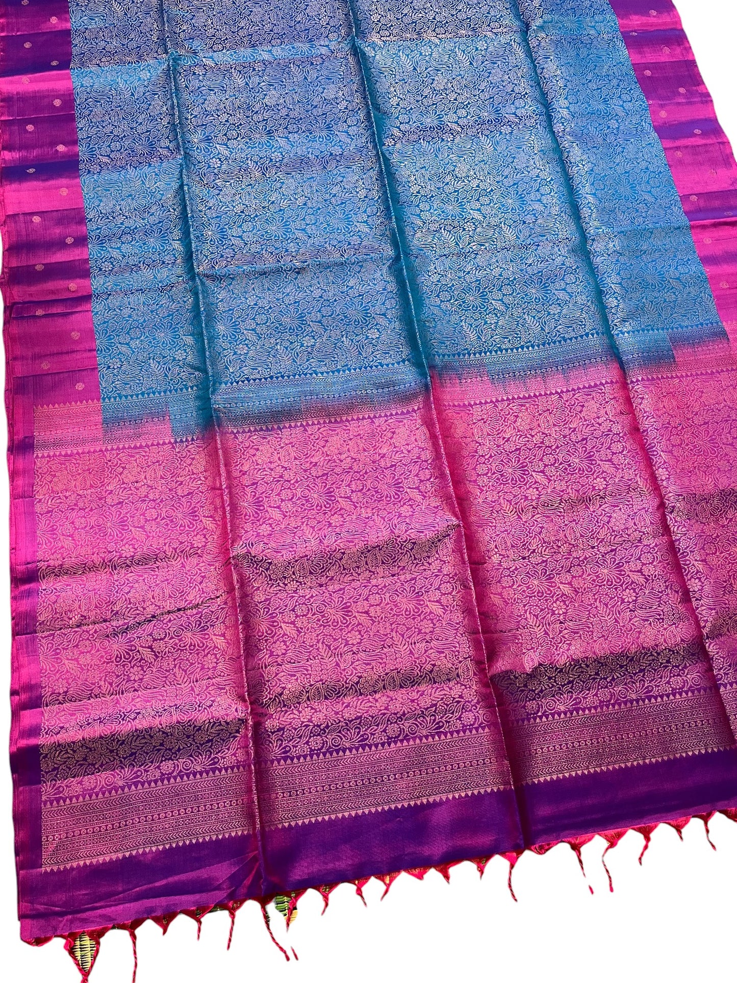 Southloom Pure Handloom Bridal Kanchipuram Silk Saree with Korvai Work (Purple & Blue)