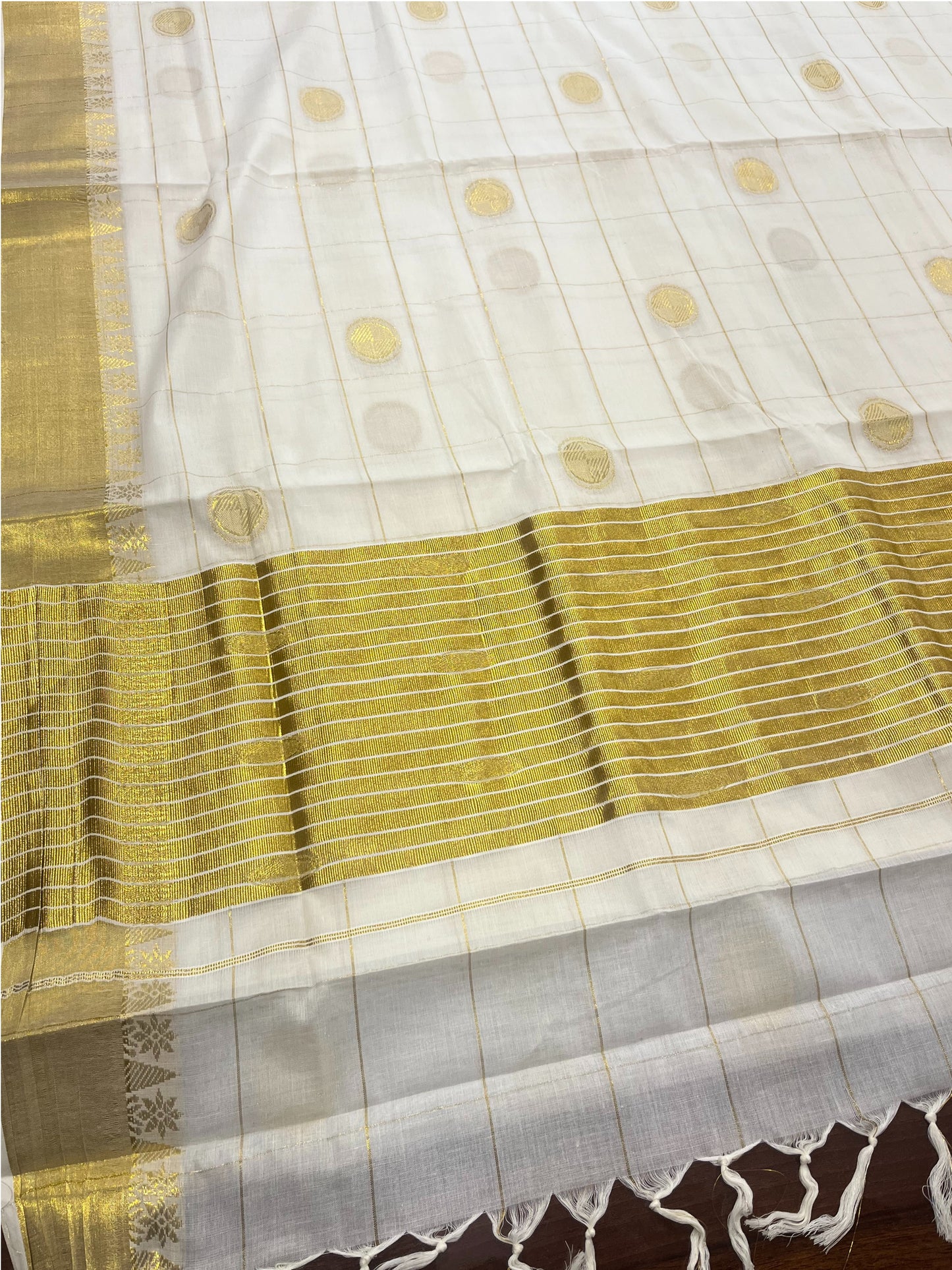 Southloom Cotton Kasavu Check Saree with Gold Polka Dot Prints Across Body