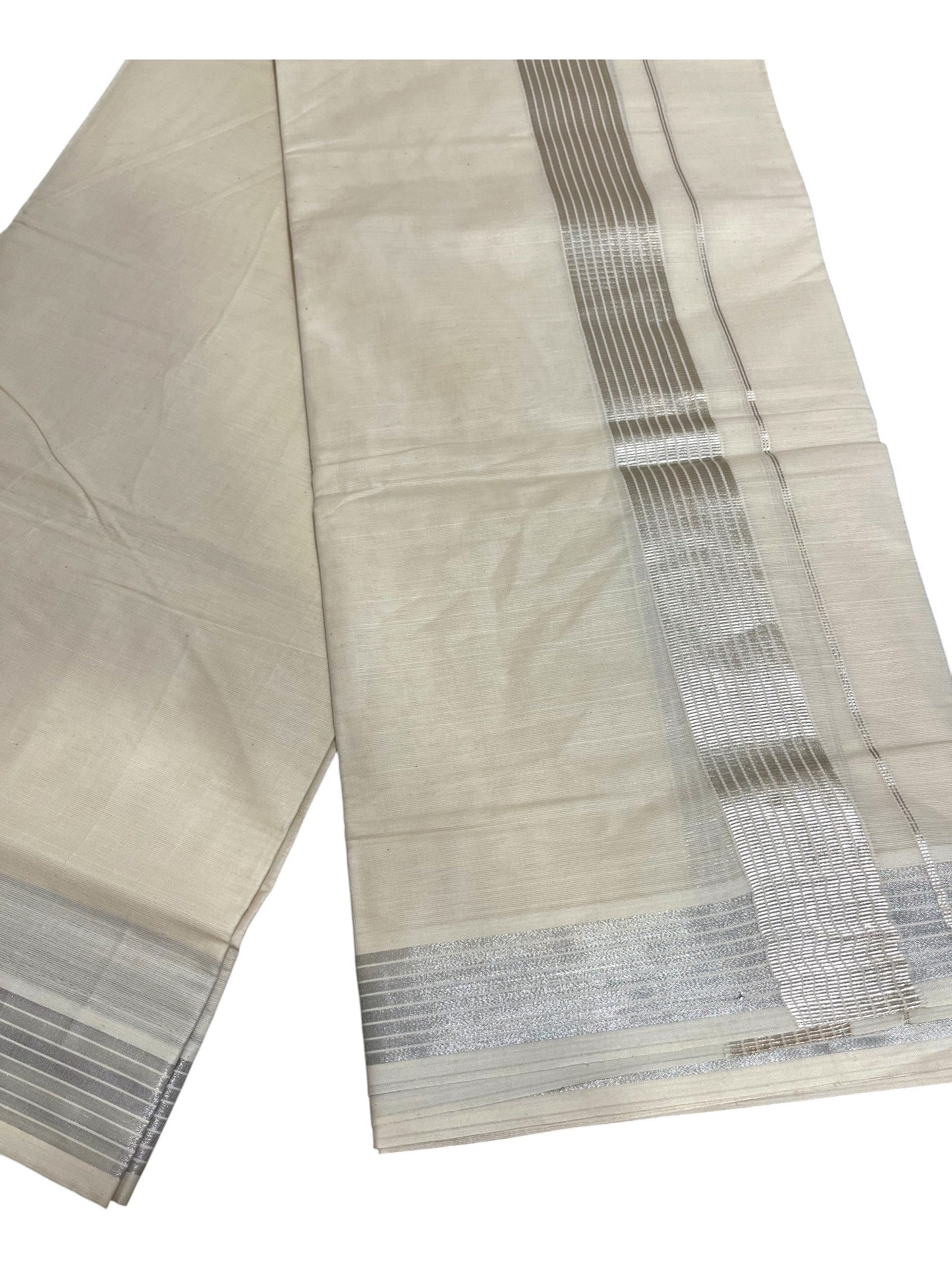 Kerala Cotton Double Mundu with Silver Lines And Silver Border (South Indian Dhoti)