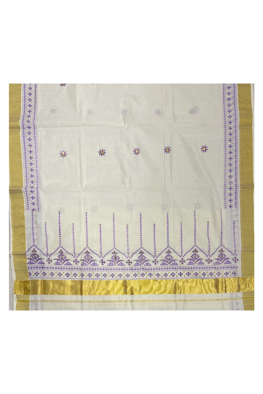 Southloom Violet Block Print Kasavu Saree with Sequins Work on Prints