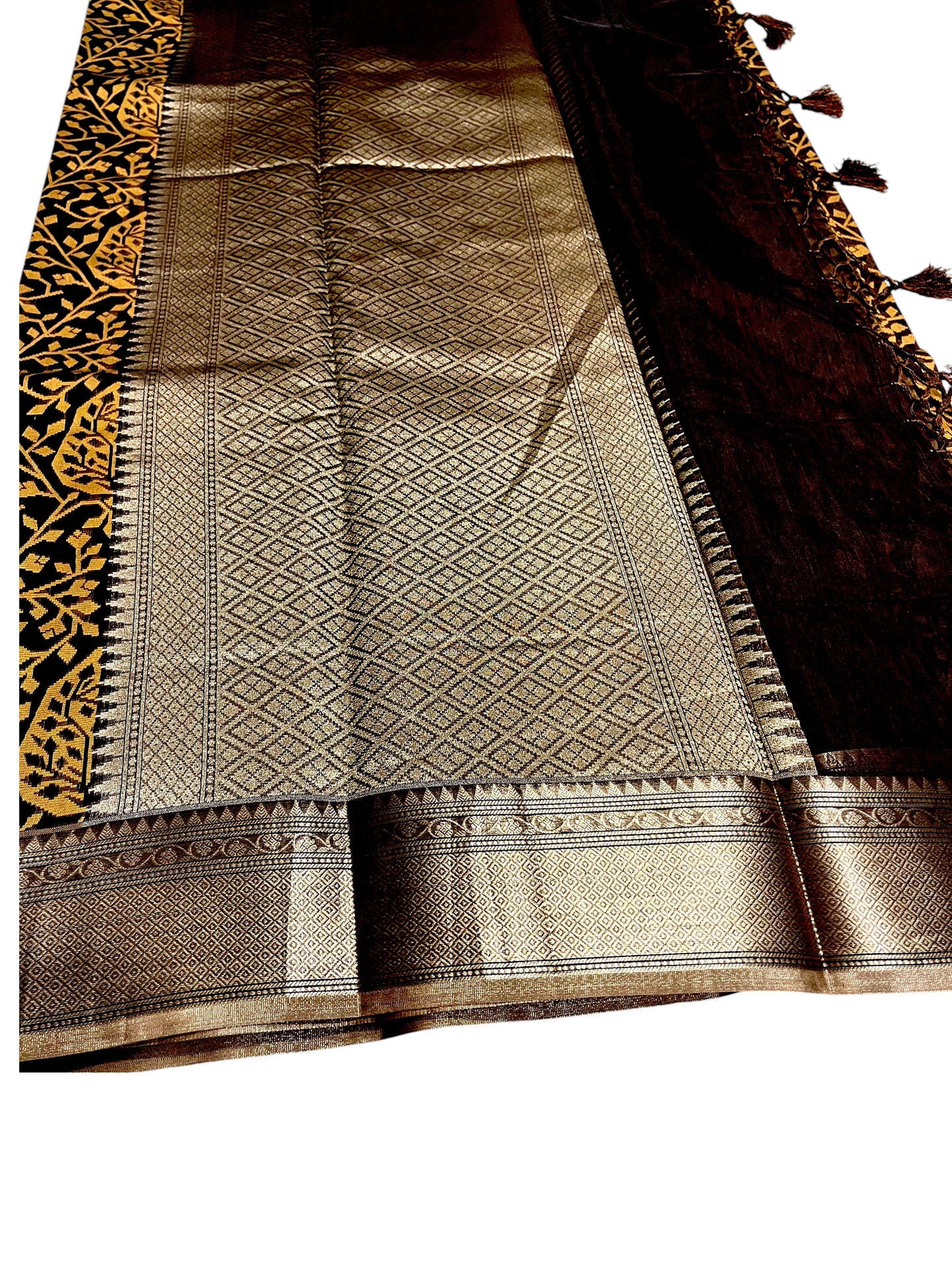Southloom Cotton Banarasi Silk Saree with Woven Work on Body and Borders(Brown)