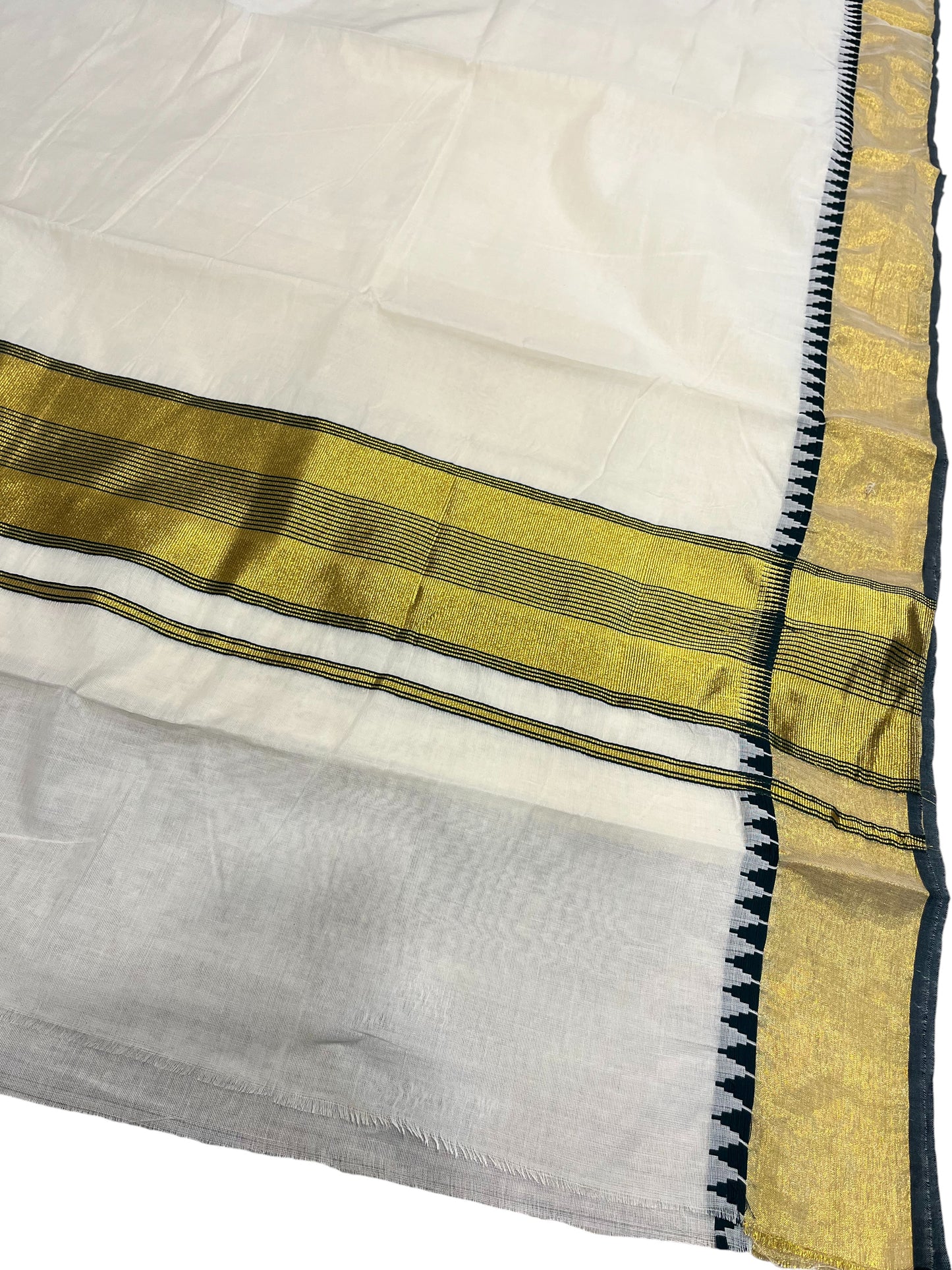 Southloom Pure Cotton Kerala Kasavu Saree with Green Temple Border