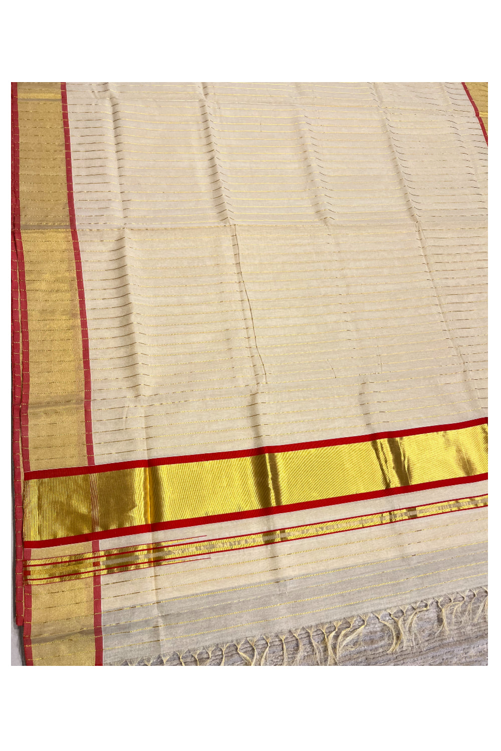 Southloom Premium Handloom Tissue Kasavu Lines Design Kerala Saree with Red Border