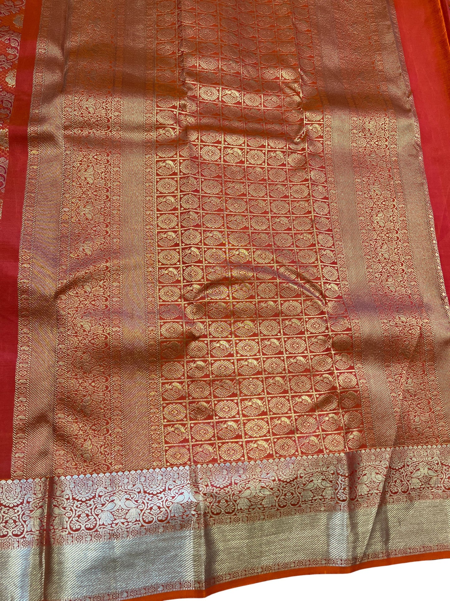 Southloom Premium Handloom Bridal Kanchipuram Silk Saree with Korvai Work (Orange)