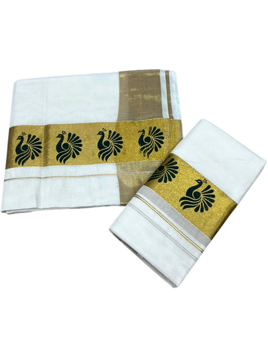 Southloom Pure Cotton Set Mundu with Gold Kasavu and Green Floral Digital Print in 2.80 Mtrs SL383
