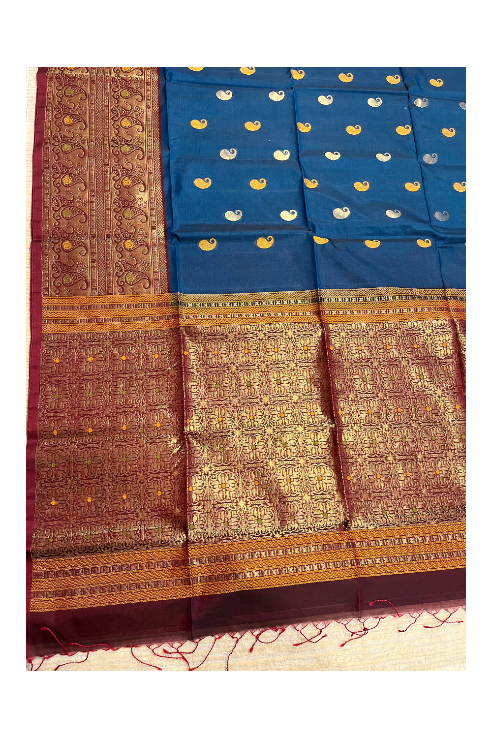 Southloom Pure Handloom Cotton Silk Saree With Handwoven Work Across Body and Blouse in Blue And Maroon