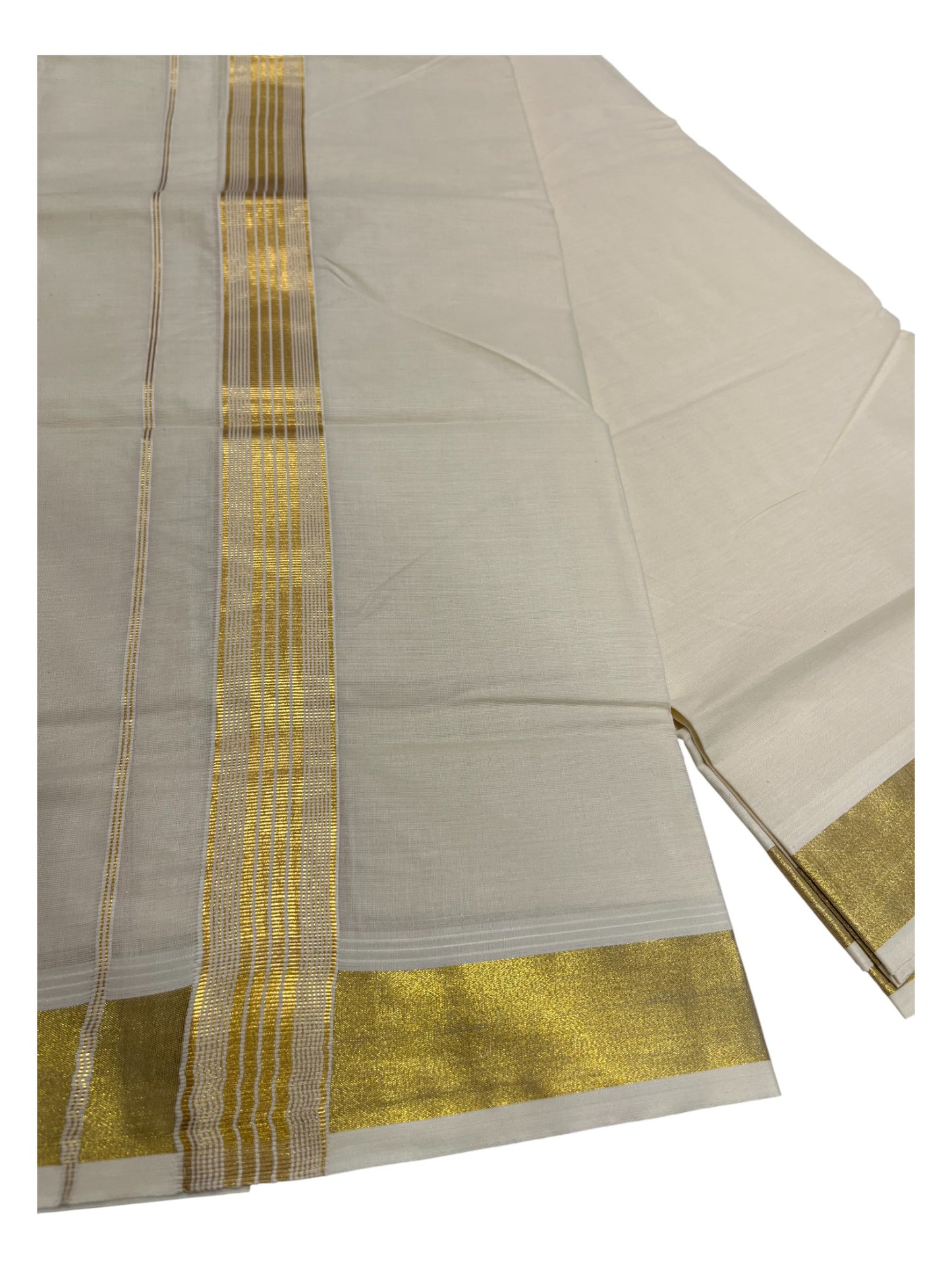 Southloom Kerala Pure Cotton Double Mundu with Gold Line Border (South Indian Dhoti)