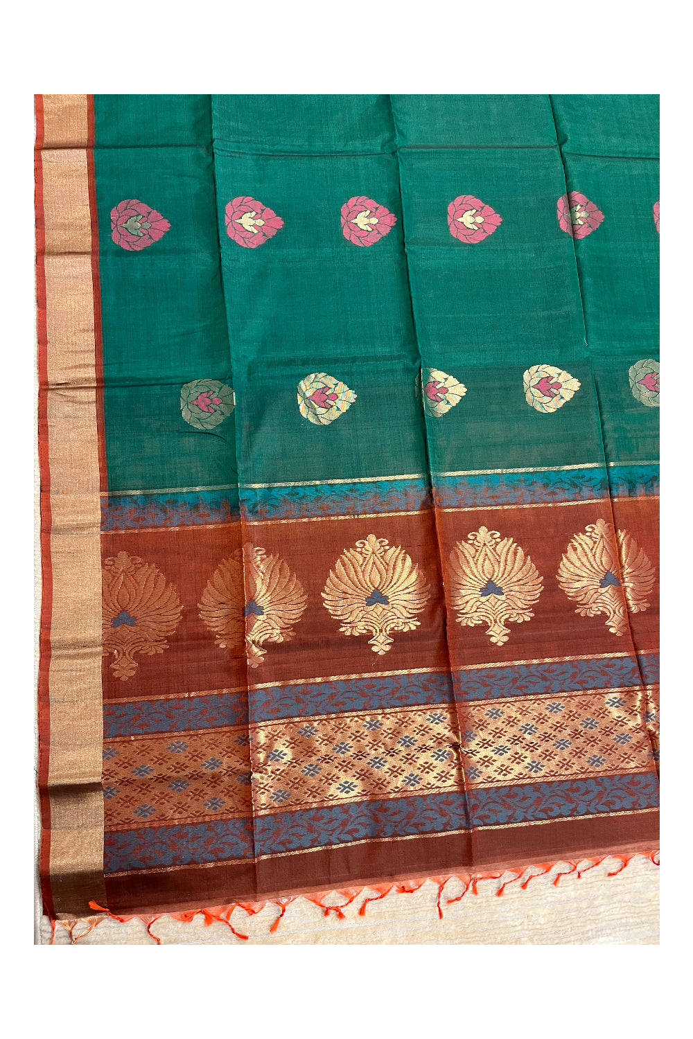 Southloom Pure Handloom Cotton Silk Saree With Handwoven Work Across Body and Blouse in Green And Maroon
