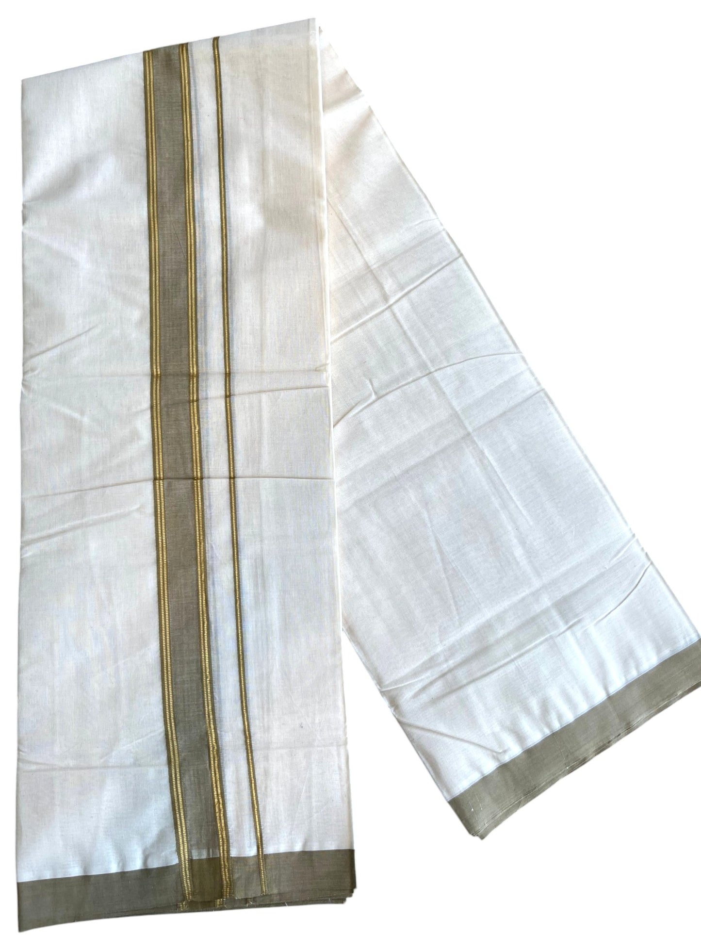 Southloom Pure Cotton Mundu with Golden Lines and Olive Green Border (South Indian Kerala Dhoti)