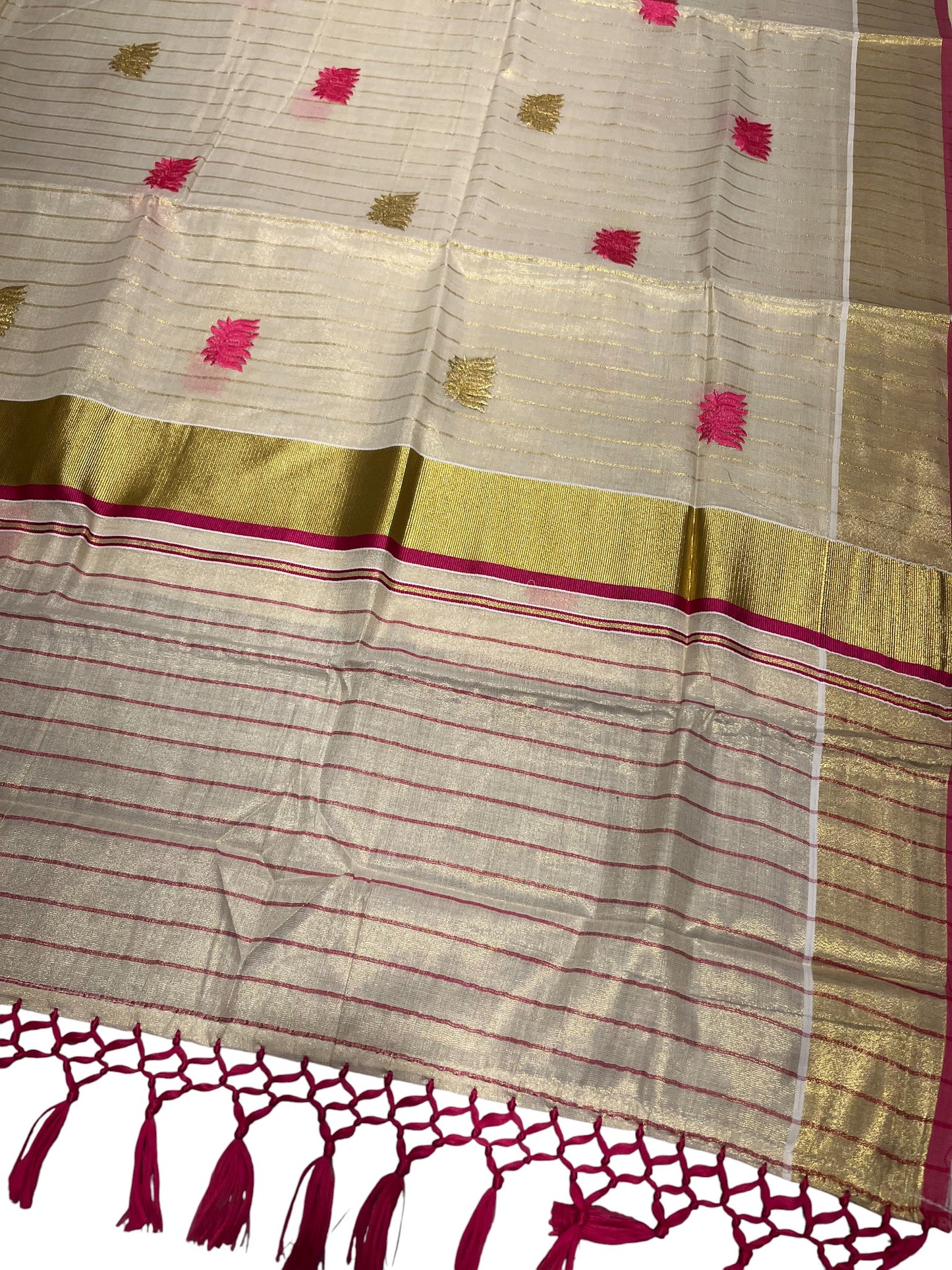 Southloom Kerala Tissue Kasavu Line Saree with Pink Lotus Embroidery Works