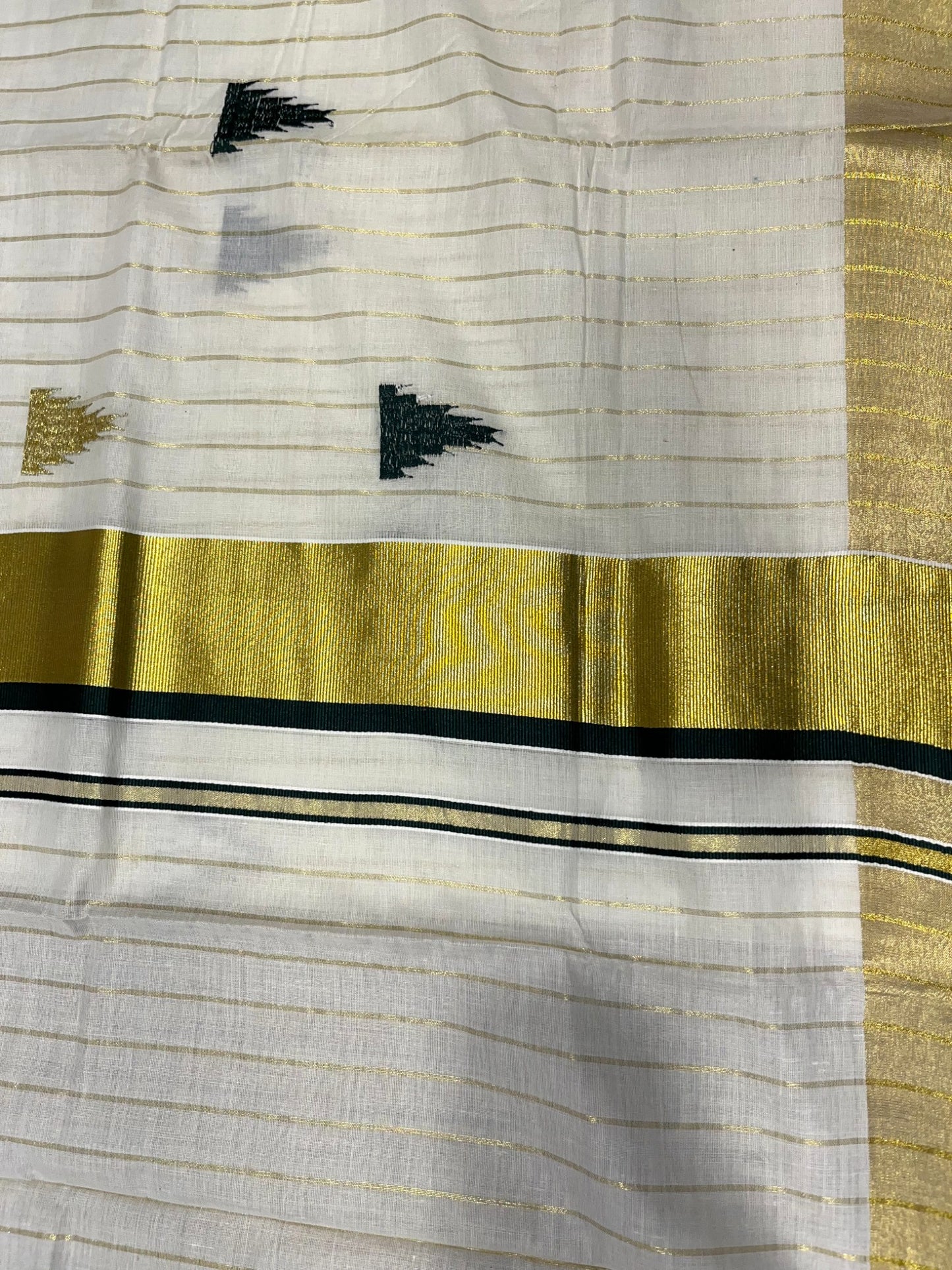 Kerala Cotton Kasavu Stripes Saree with Green and Gold Temple Embroidery Design on Body