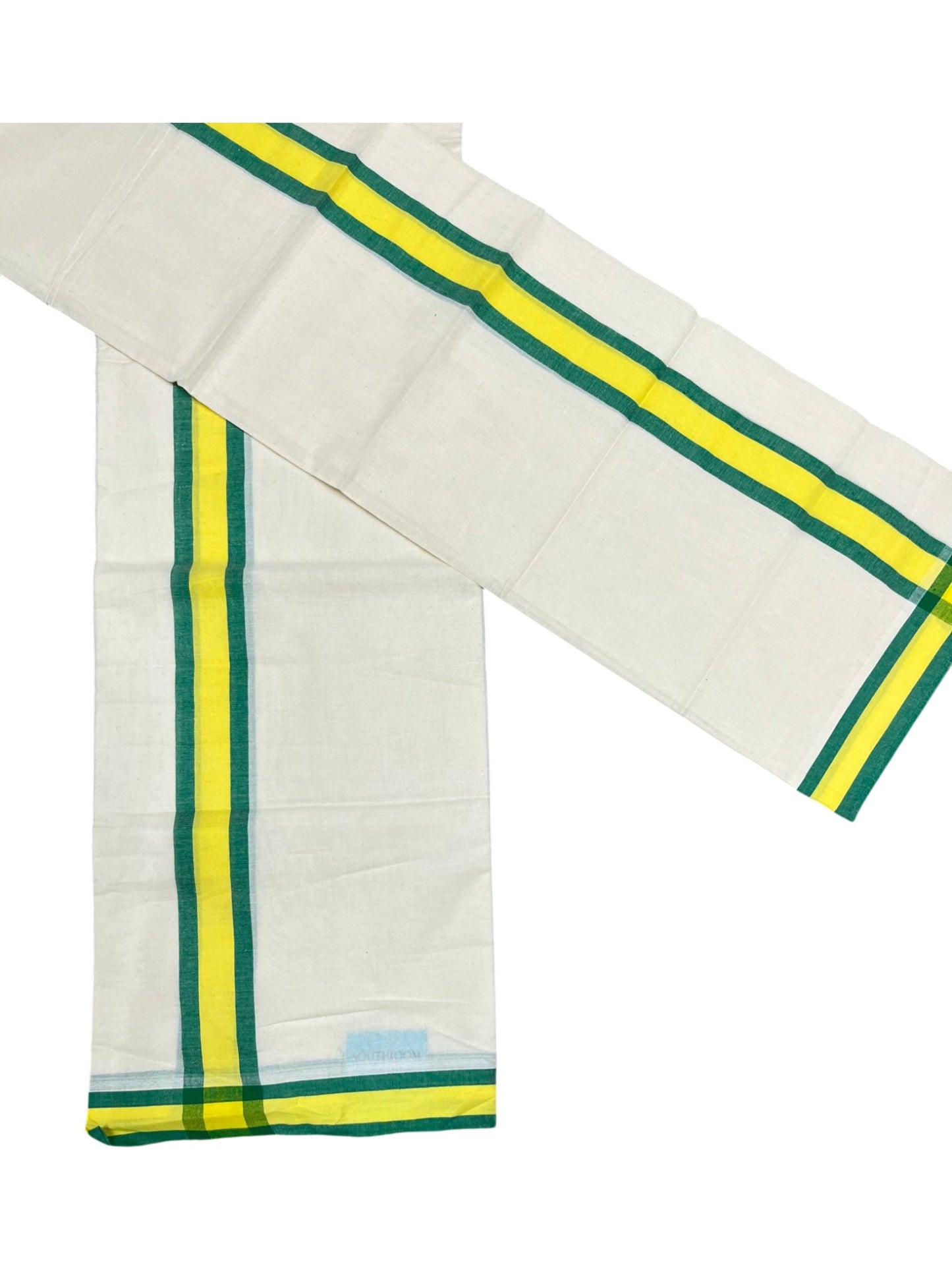 Southloom Pure Cotton Kerala Single Mulloth Set Mundu (Mundum Neriyathum) Green And Yellow Border in 2.80 mtrs SL243