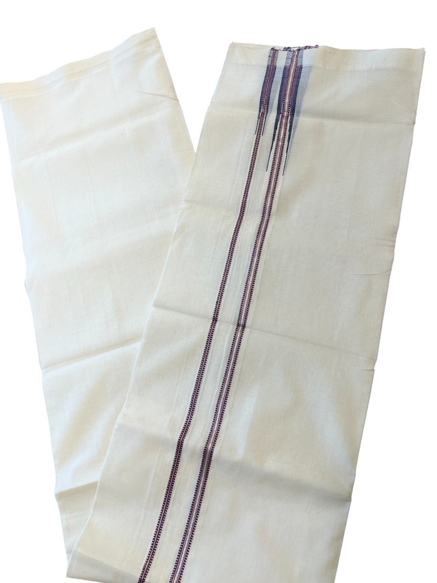 Southloom Premium Handloom Cotton Double Mundu with Silver and Purple Border