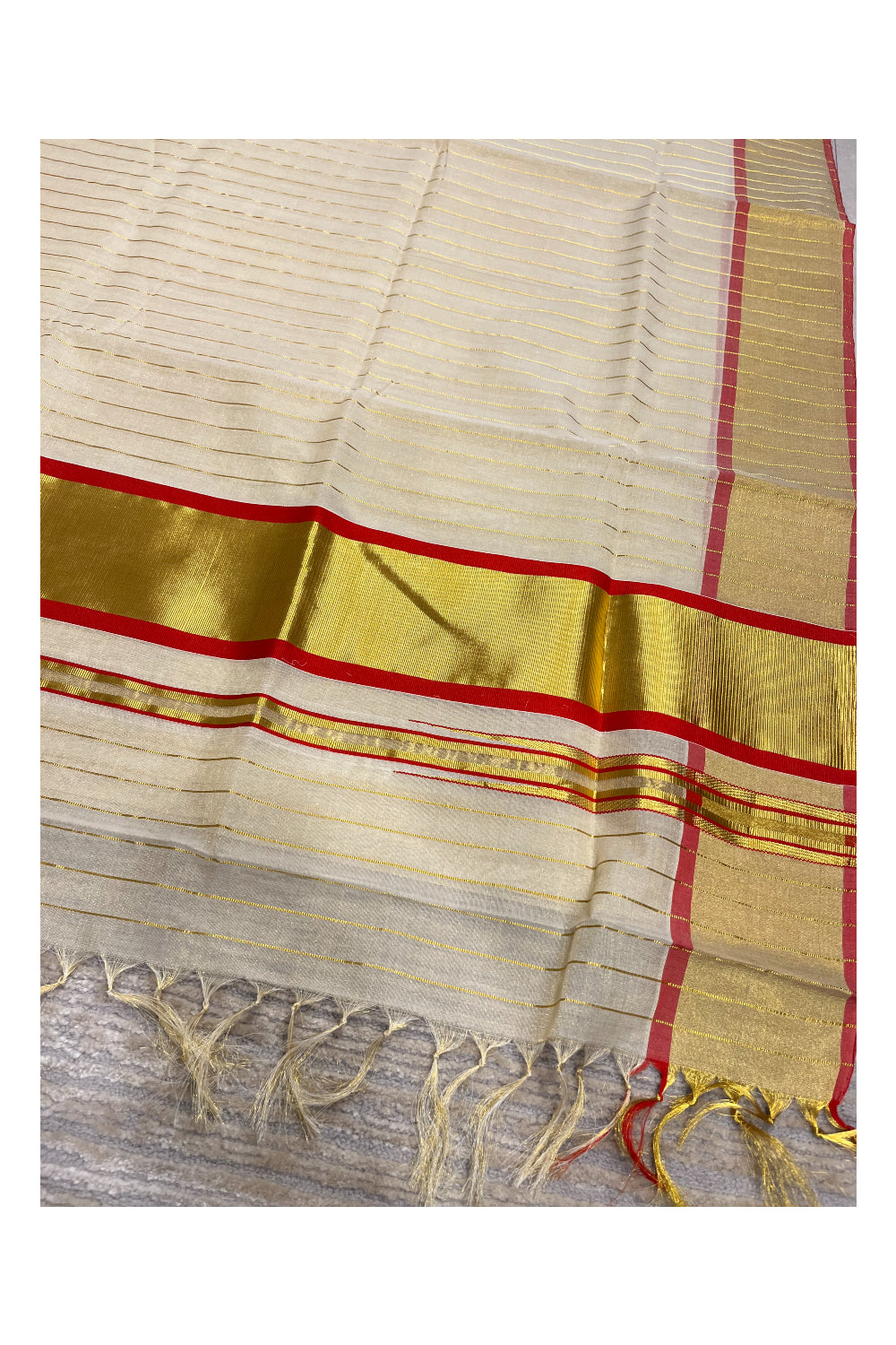 Southloom Premium Handloom Tissue Kasavu Lines Design Kerala Saree with Red Border