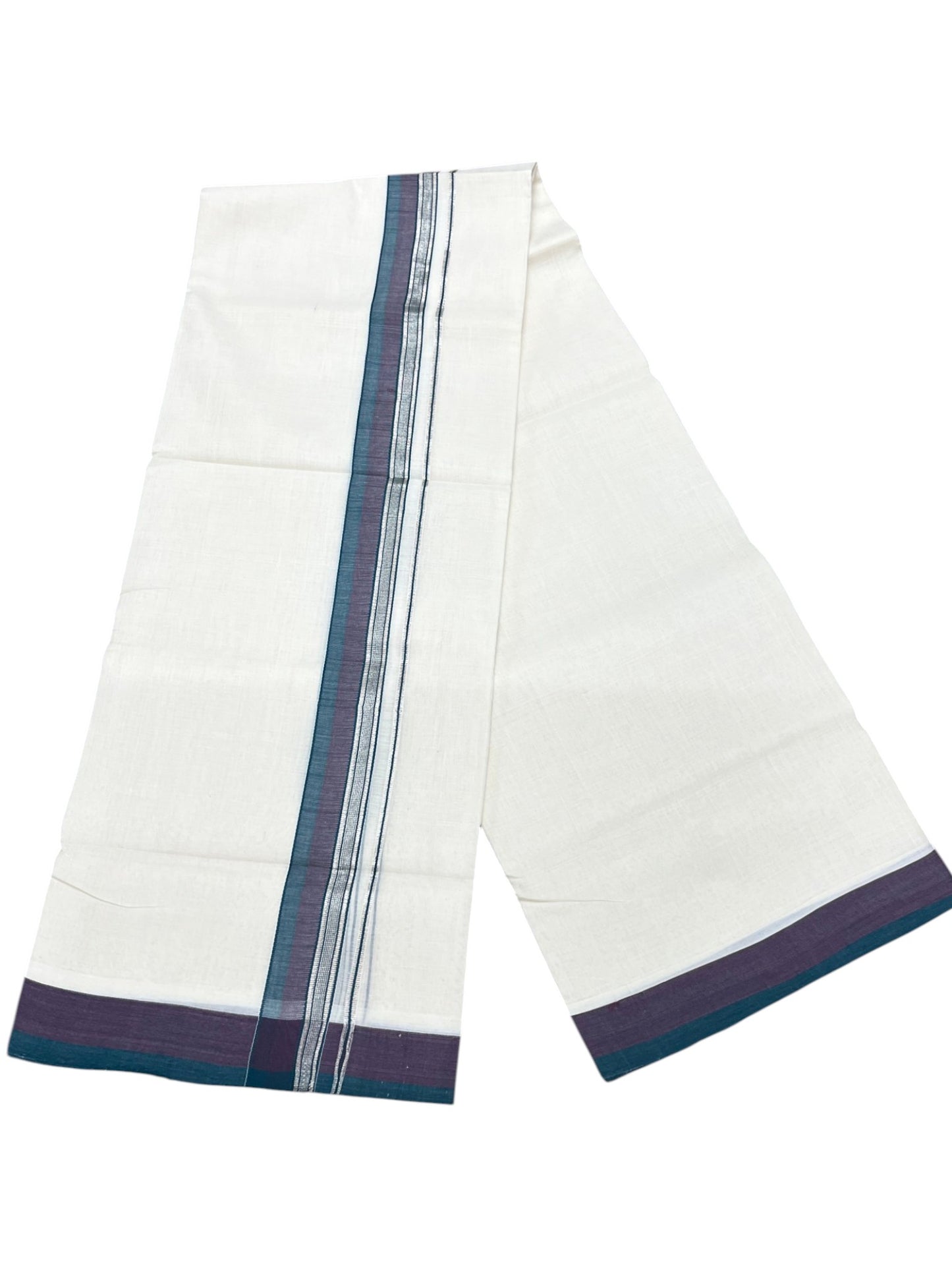 Southloom Balaramapuram Unakkupaavu Premium Handloom Cotton Double Mundu with Silver Kasavu and Peacock Blue Border