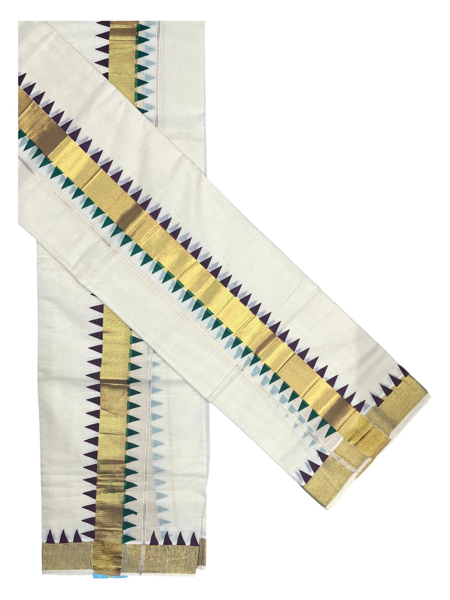 Southloom Kerala Cotton Kasavu Single Set Mundu (Mundum Neriyathum) with purple And Green Temple Design Border SLKK