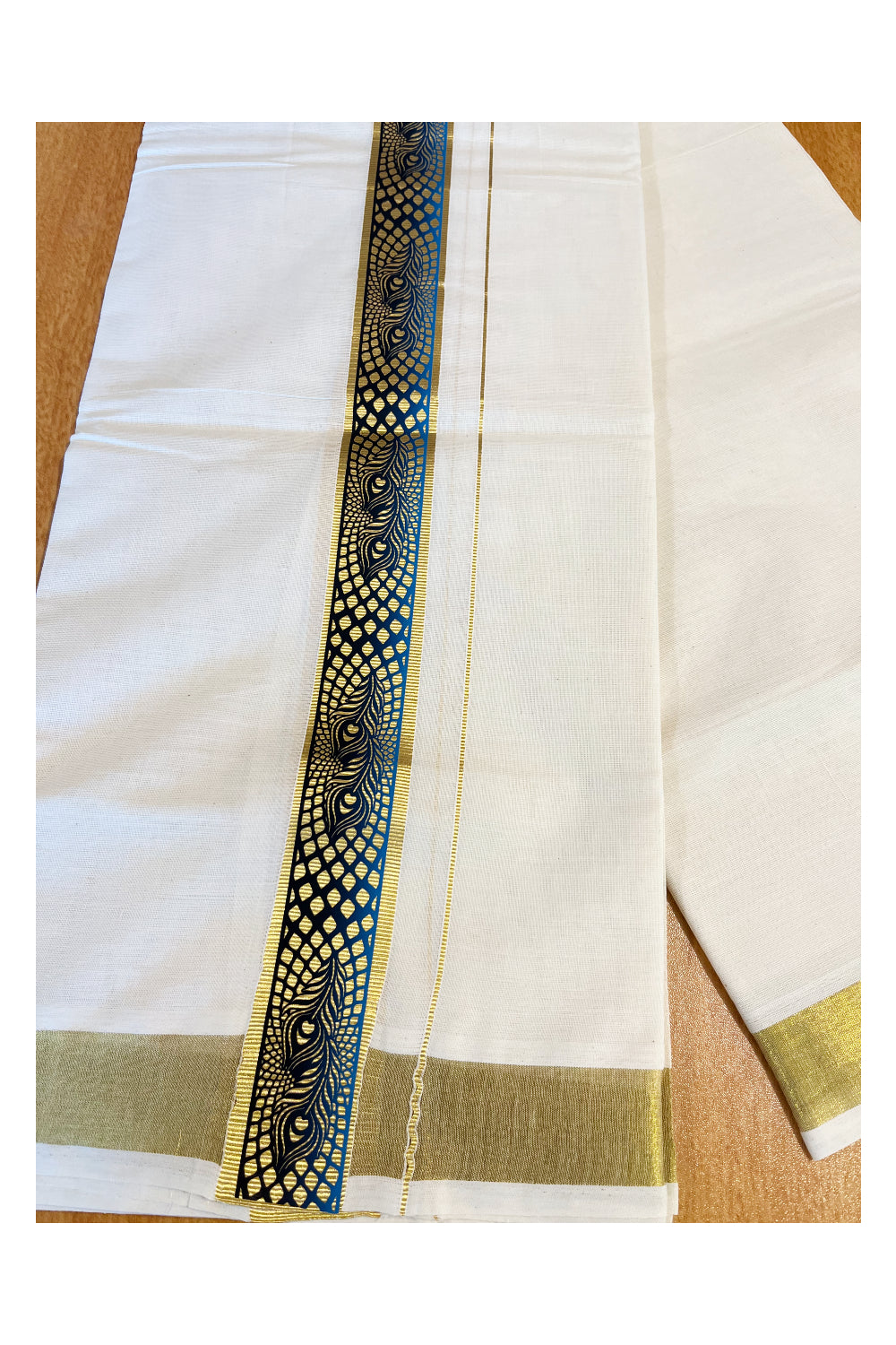 Southloom Pure Cotton Off White Double Mundu with Mural Printed Design Along Kasavu Kara