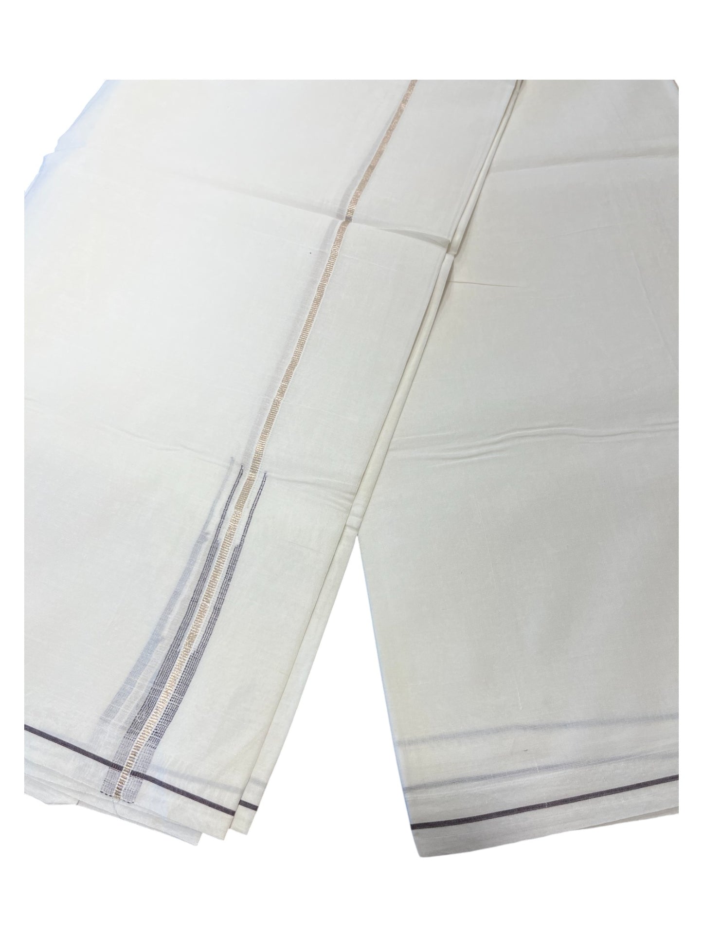 Pure White Cotton Double Mundu with Silver and Brown Chutti Kara (South Indian Dhoti)