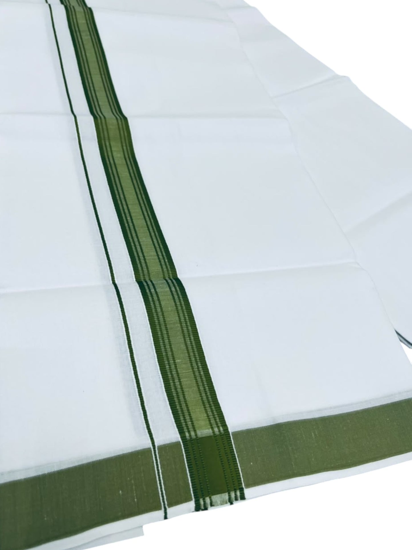 Southloom Pure White Single Cotton Mundu with Olive Green Border (South Indian Kerala Dhoti)