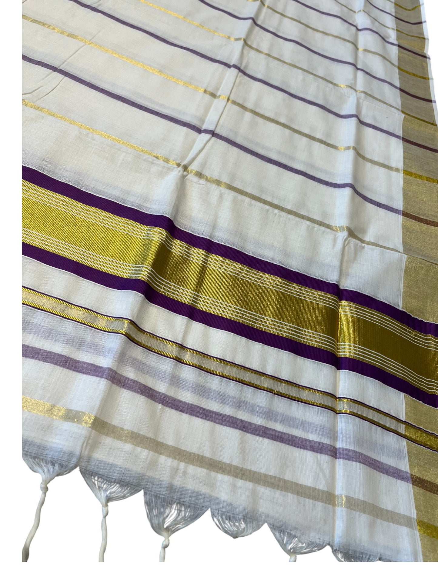 Southloom Kerala Cotton Kasavu Saree with Gold And Purple Lines on Body