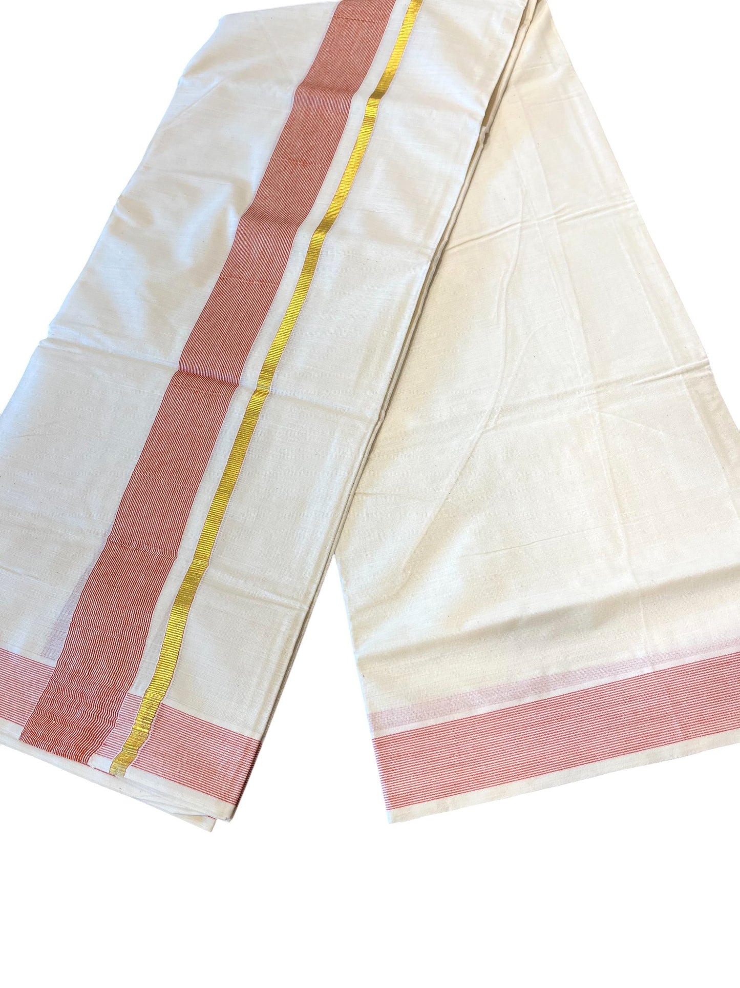 Southloom Kerala Pure Cotton Double Mundu with Gold Lines & Red Border (South Indian Dhoti)