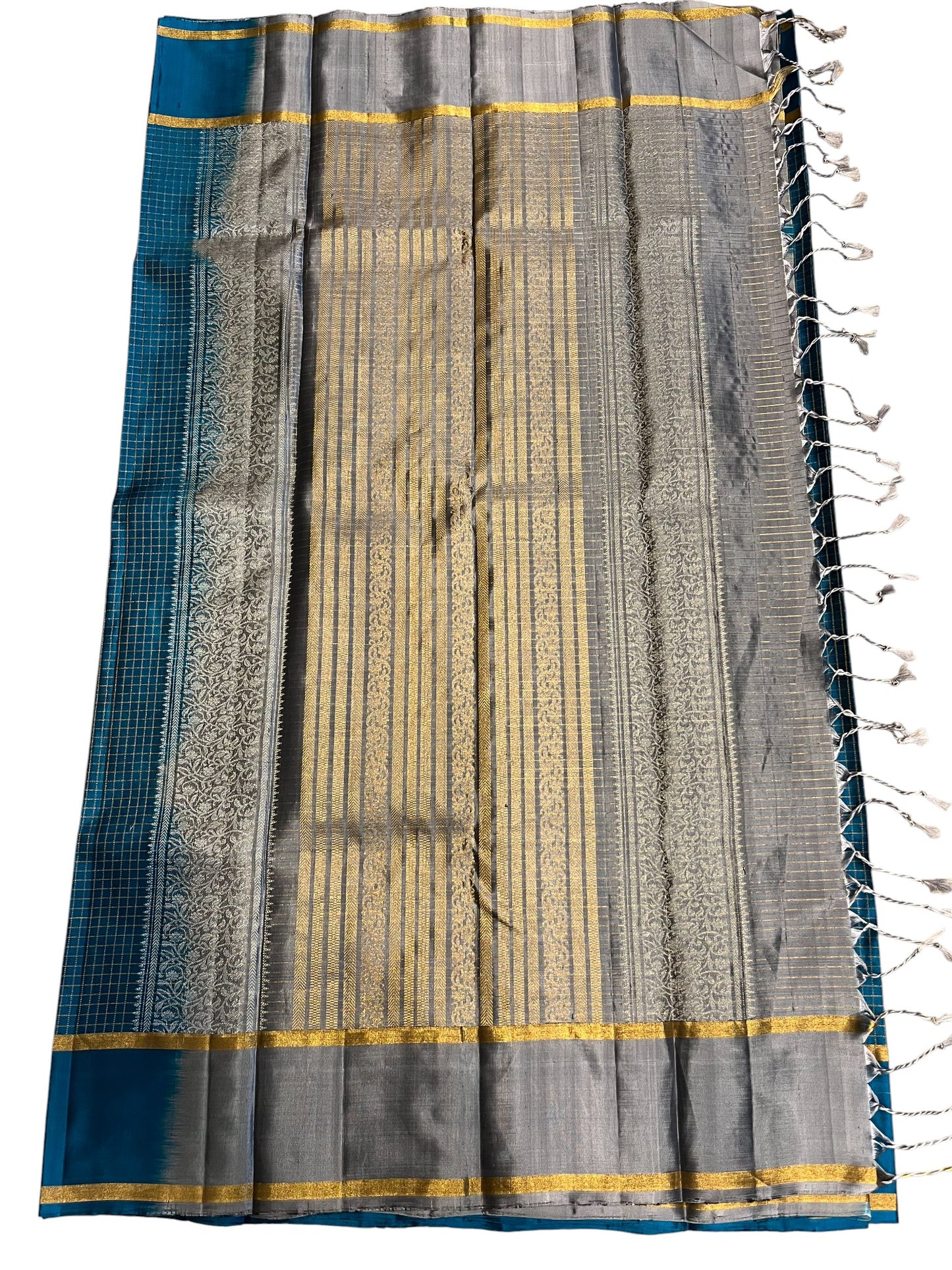 Southloom Pure Handloom Bridal Kanchipuram Silk Saree with Korvai Work (Blue)