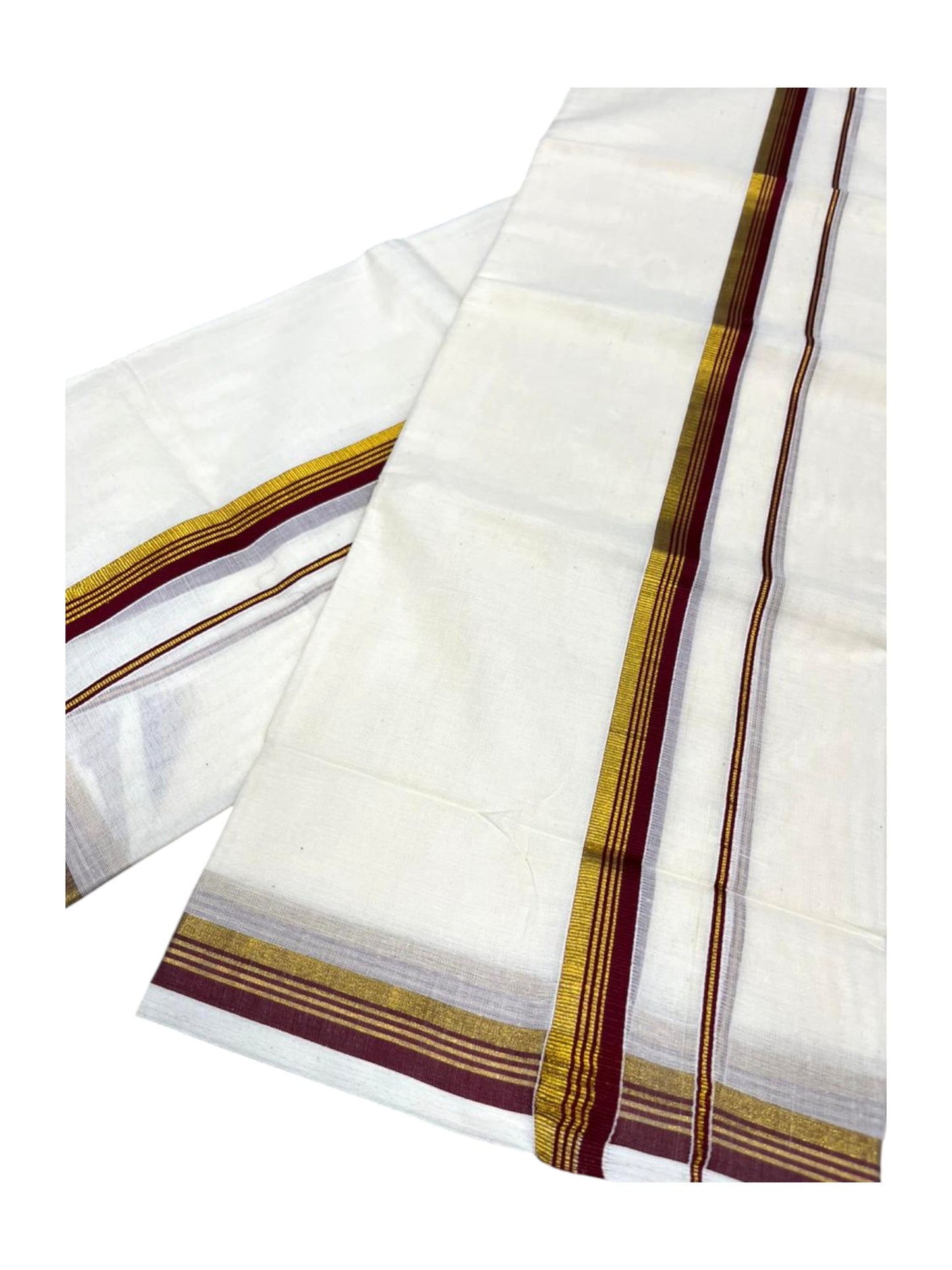 Pure Cotton Kerala Single Set Mundu (Mundum Neriyathum) with Maroon Kasavu Border in 2.80 Mtrs