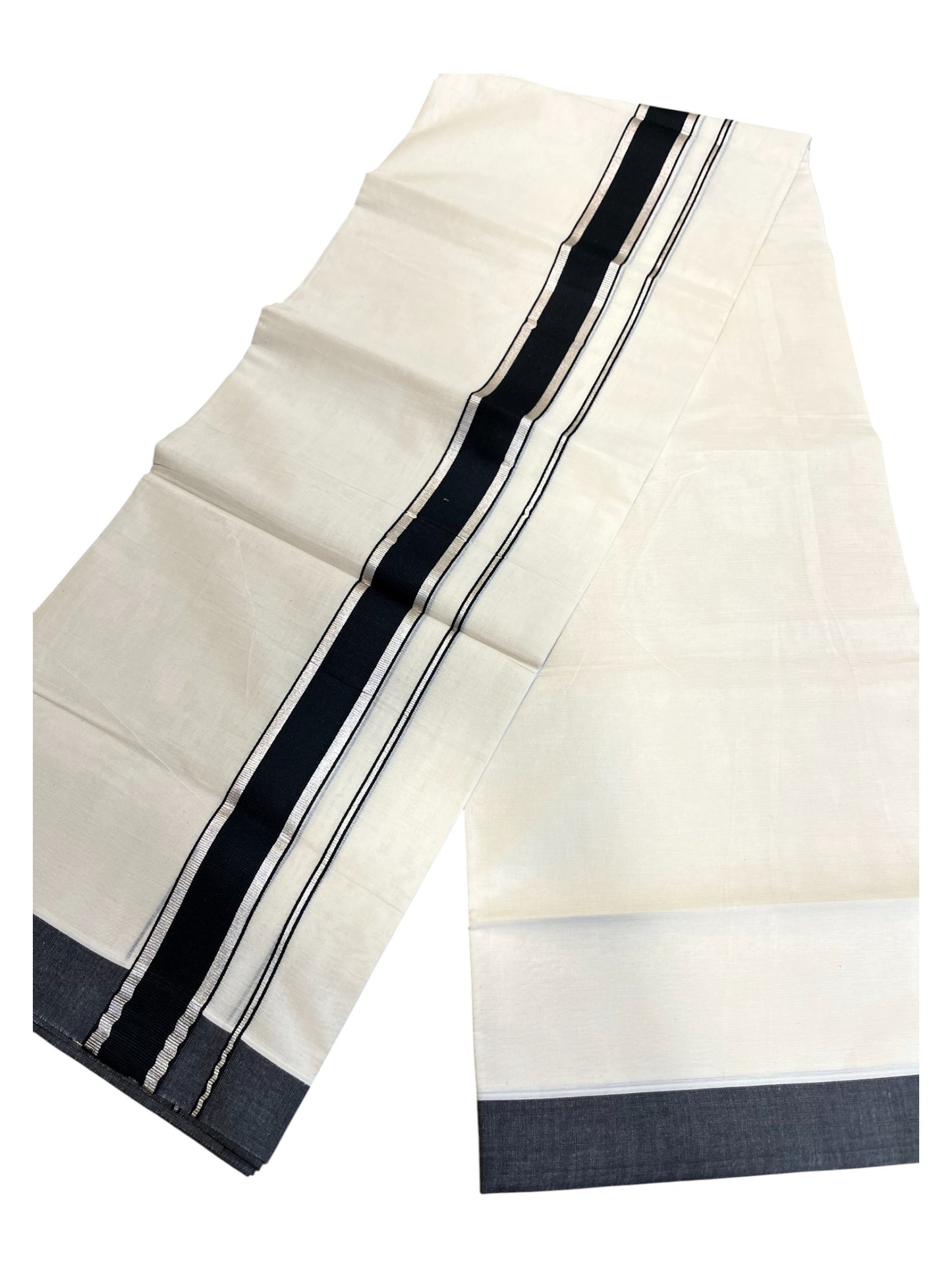 Southloom Pure Cotton Double Mundu With Silver Kasavu & Black Border (South Indian Kerala Dhoti)