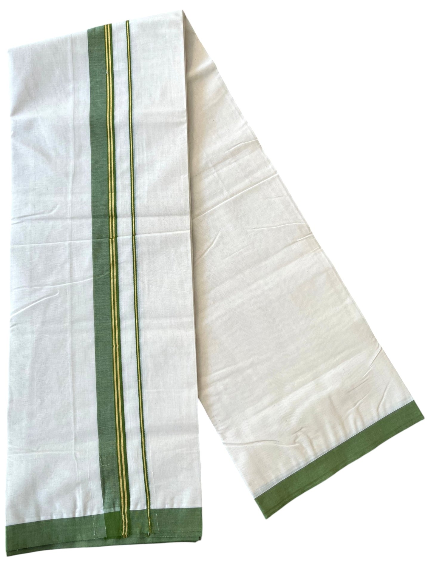 Southloom Pure Cotton Mundu with Golden Lines and Olive Green Border (South Indian Kerala Dhoti)