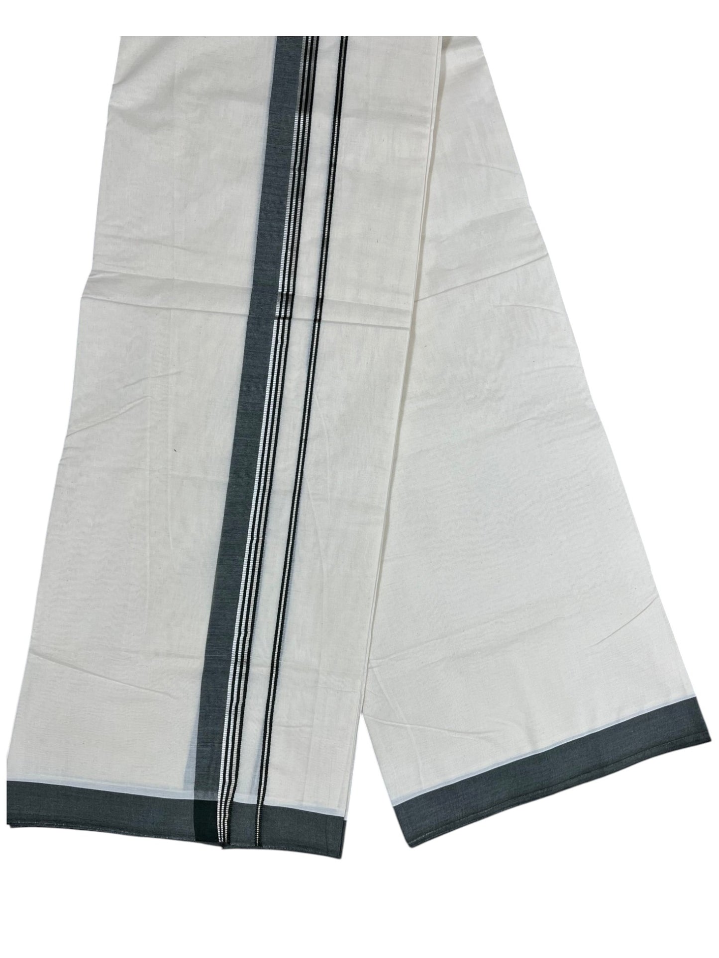 Southloom Pure Cotton Mundu with Silver Lines and Green Border (South Indian Kerala Dhoti)