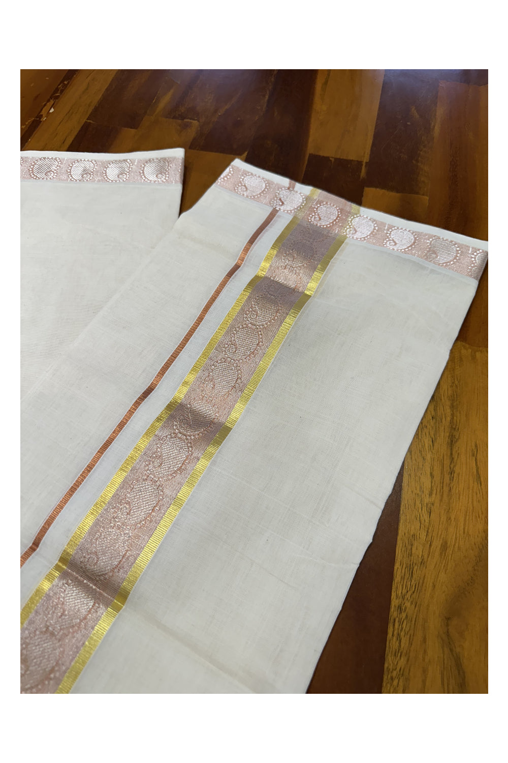 Southloom Premium Balaramapuram Handloom Gold and Copper Kasavu Mundu with Paisley Hand Woven Design in Kara and Border (South Indian Dhoti)