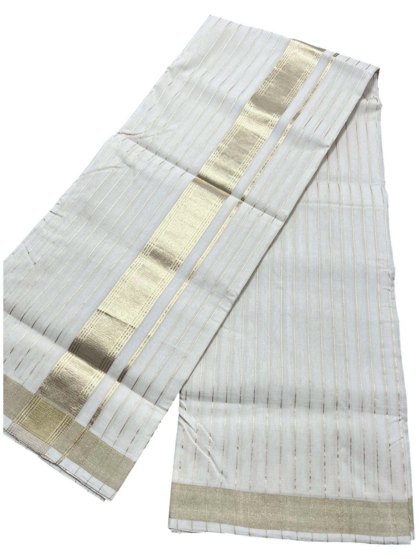 Southloom Premium Handloom Cotton Double Mundu with Gold Kasavu and Stripes on Body & Border