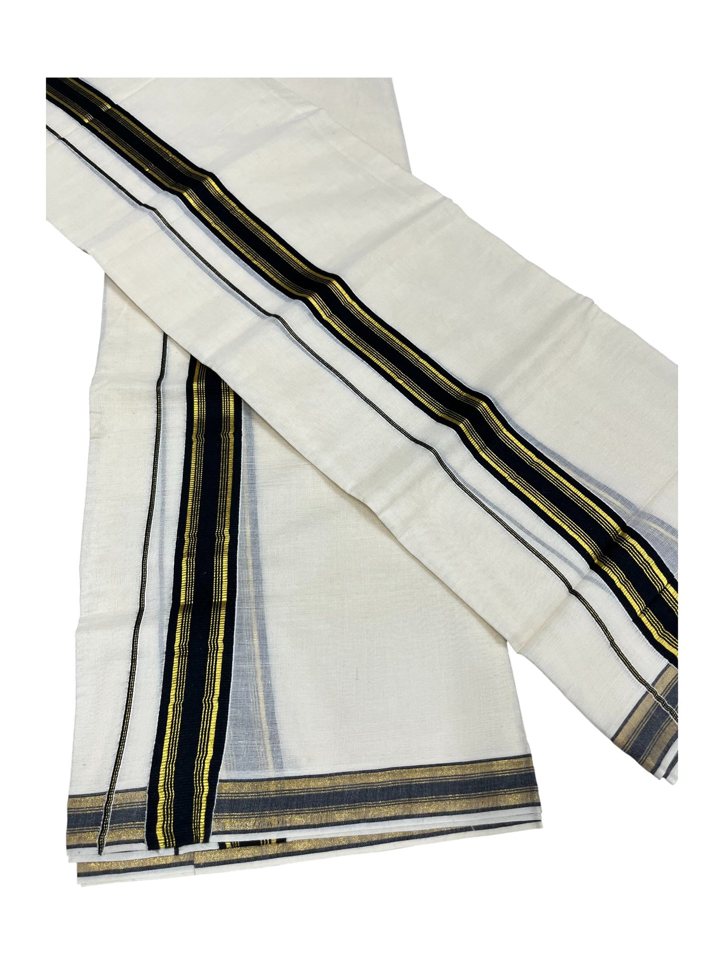 Pure Cotton Kerala Set Mundu (Mundum Neriyathum) with Black Kasavu Border(2.80Mtr)