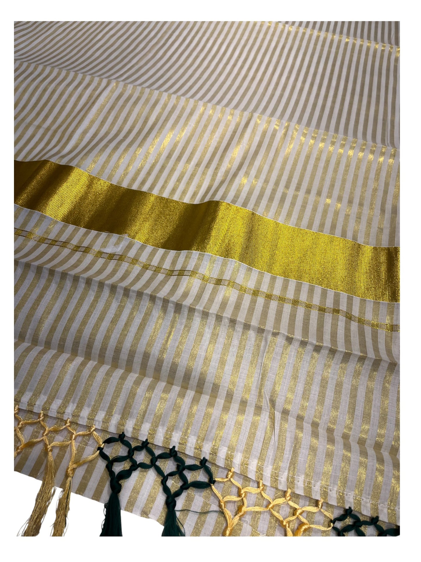 Southloom Kerala Cotton Kasavu Saree with Stripes on Body in Green