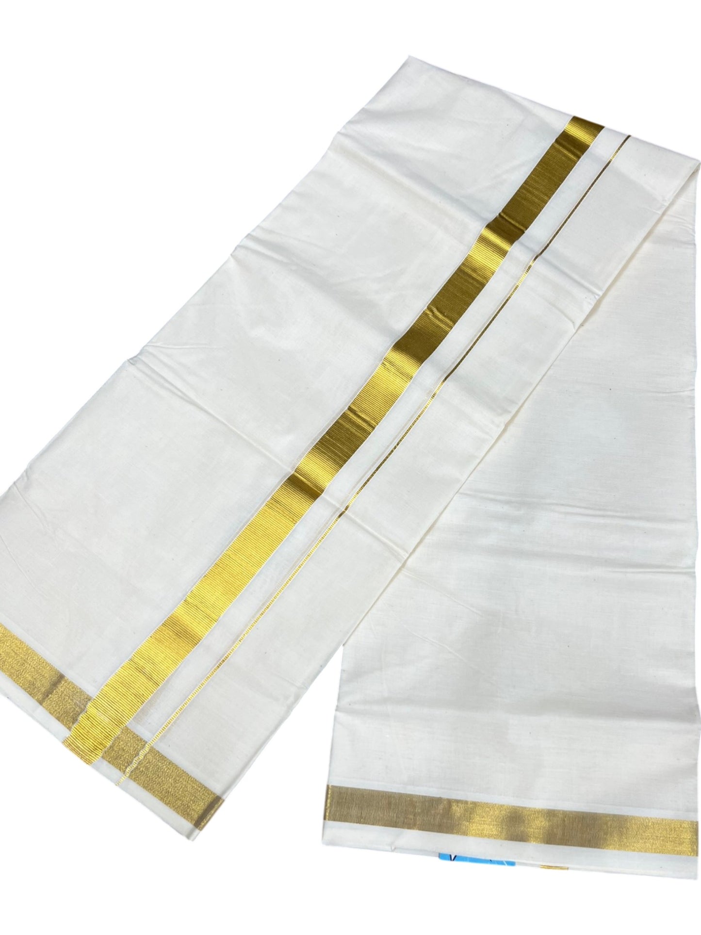 Southloom Kerala Pure Cotton Double Mundu with Gold Kasavu and Border (South Indian Dhoti)