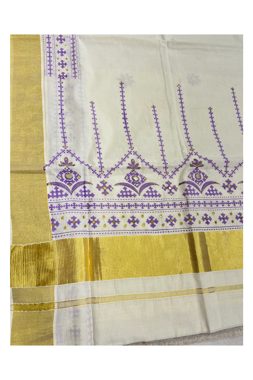 Southloom Violet Block Print Kasavu Saree with Sequins Work on Prints