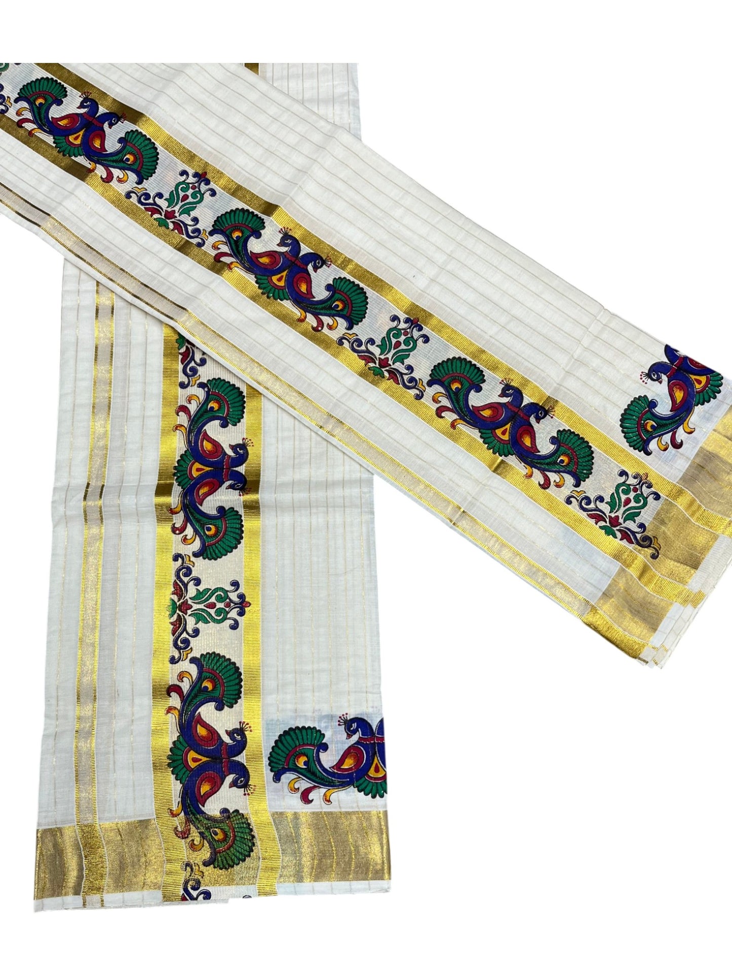 Southloom Cotton Lines Single Set Mundu (Mundu Neriyathum) With Blue Peacock Print And Gold Border Kasavu in 2.80 Mtrs