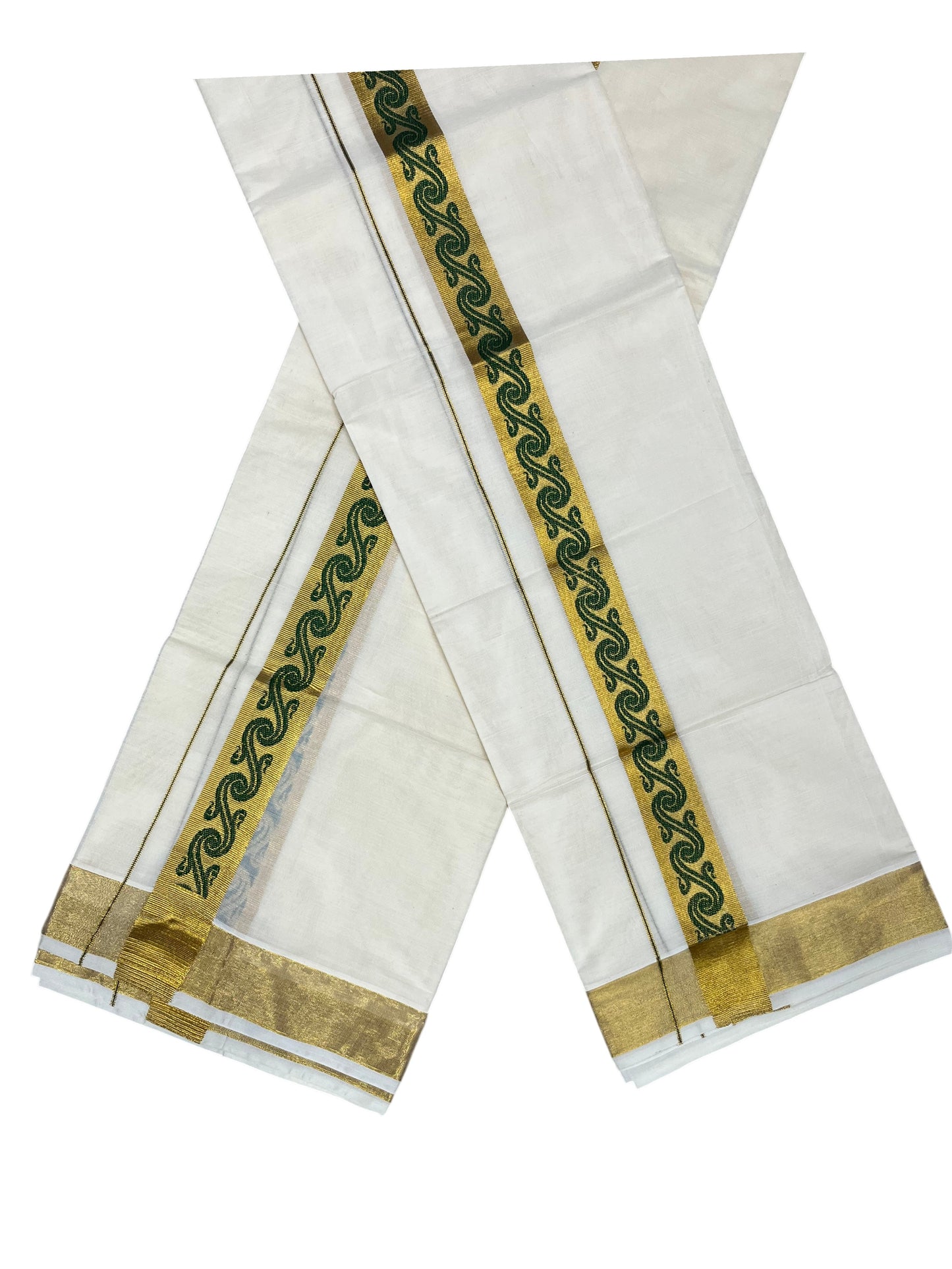 Southloom Kerala Pure Cotton Set mundu (Mundum Neriyathum) with Green Block Prints on Kasavu Border-2.80Mtrs
