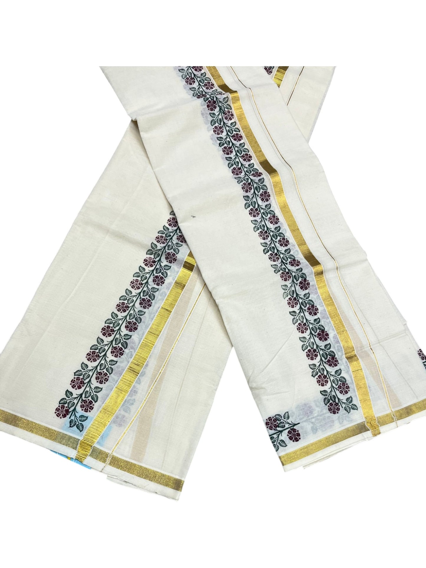 Southloom Pure Cotton Kerala Single Floral Print Set Mundu (Mundum Neriyathum) Maroon and Green Border in 2.80 mtrs