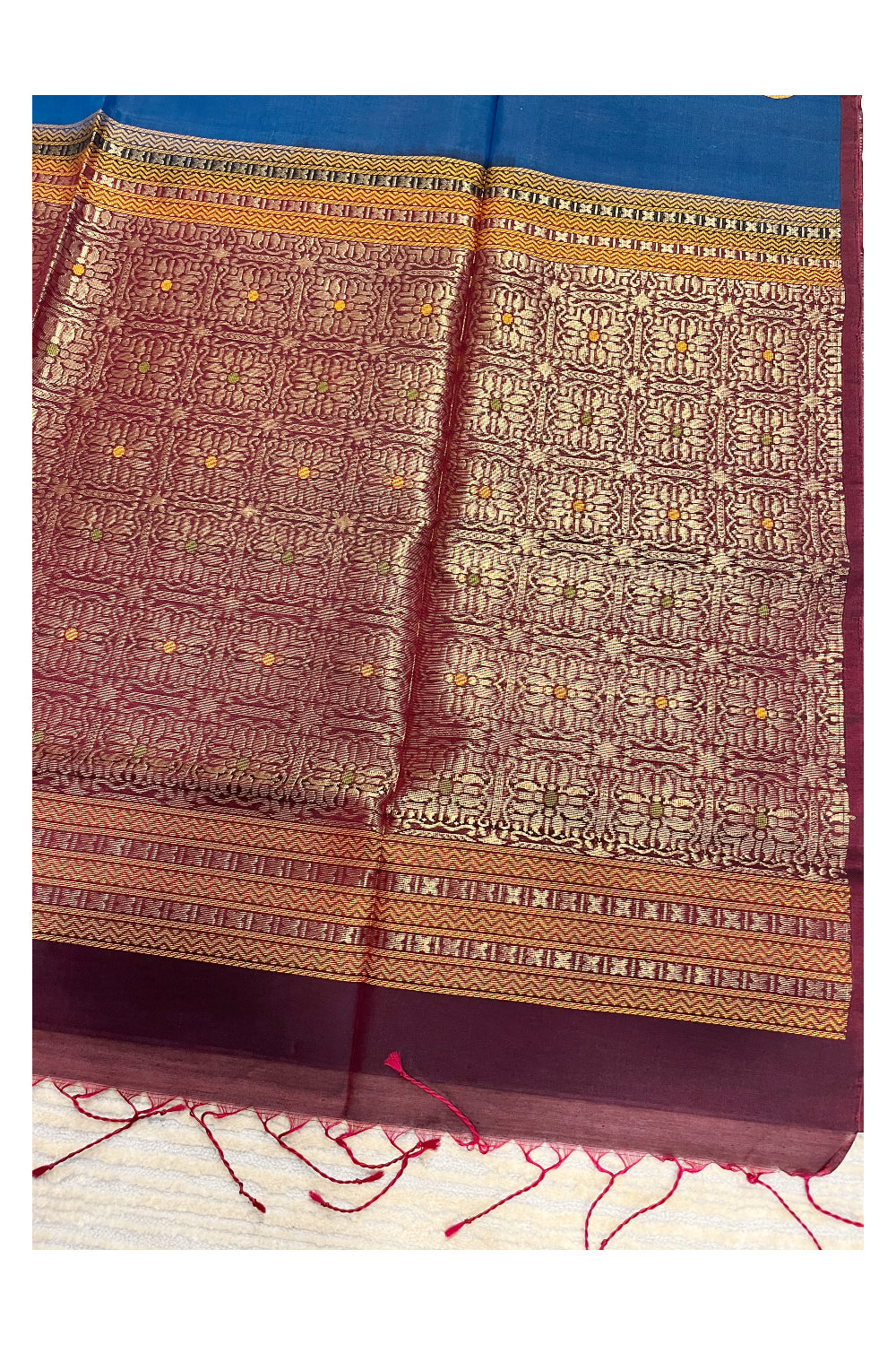 Southloom Pure Handloom Cotton Silk Saree With Handwoven Work Across Body and Blouse in Blue And Maroon