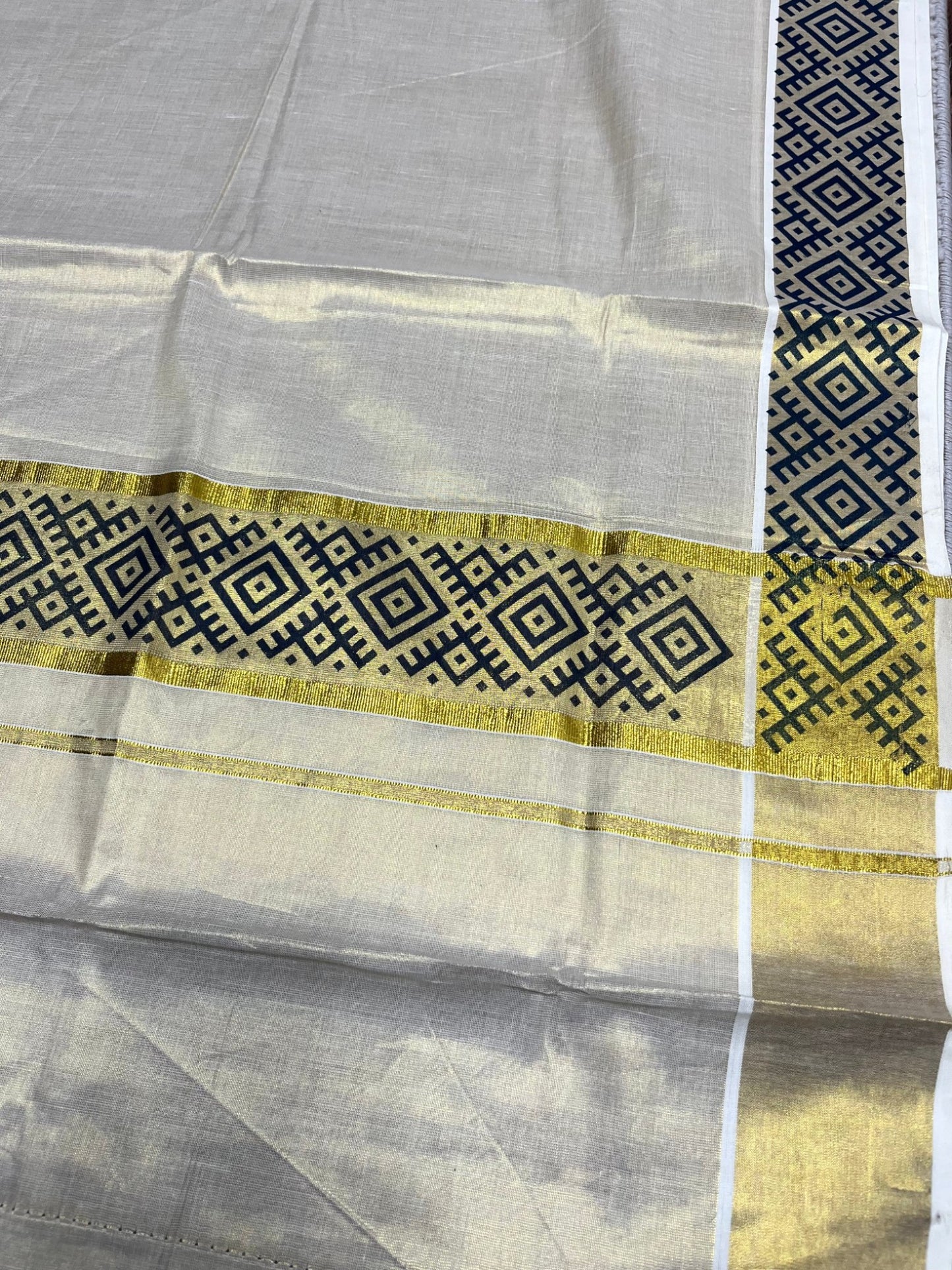 Southloom Kerala Tissue Kasavu Plain Saree Blue Hand Printed SL350