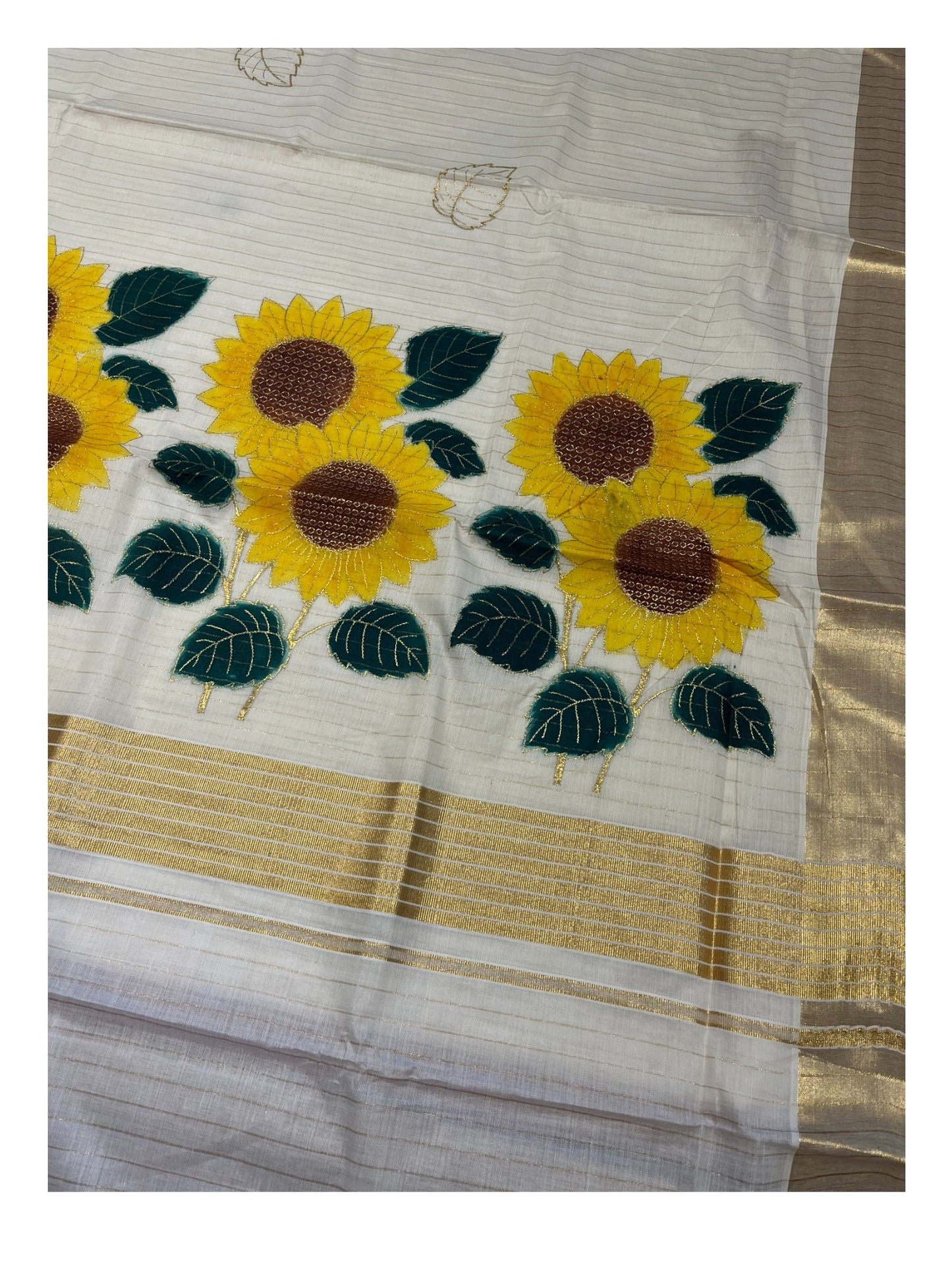 Southloom Kerala Cotton Kasavu Lines Saree with Embroidery Work in Yellow Floral Print